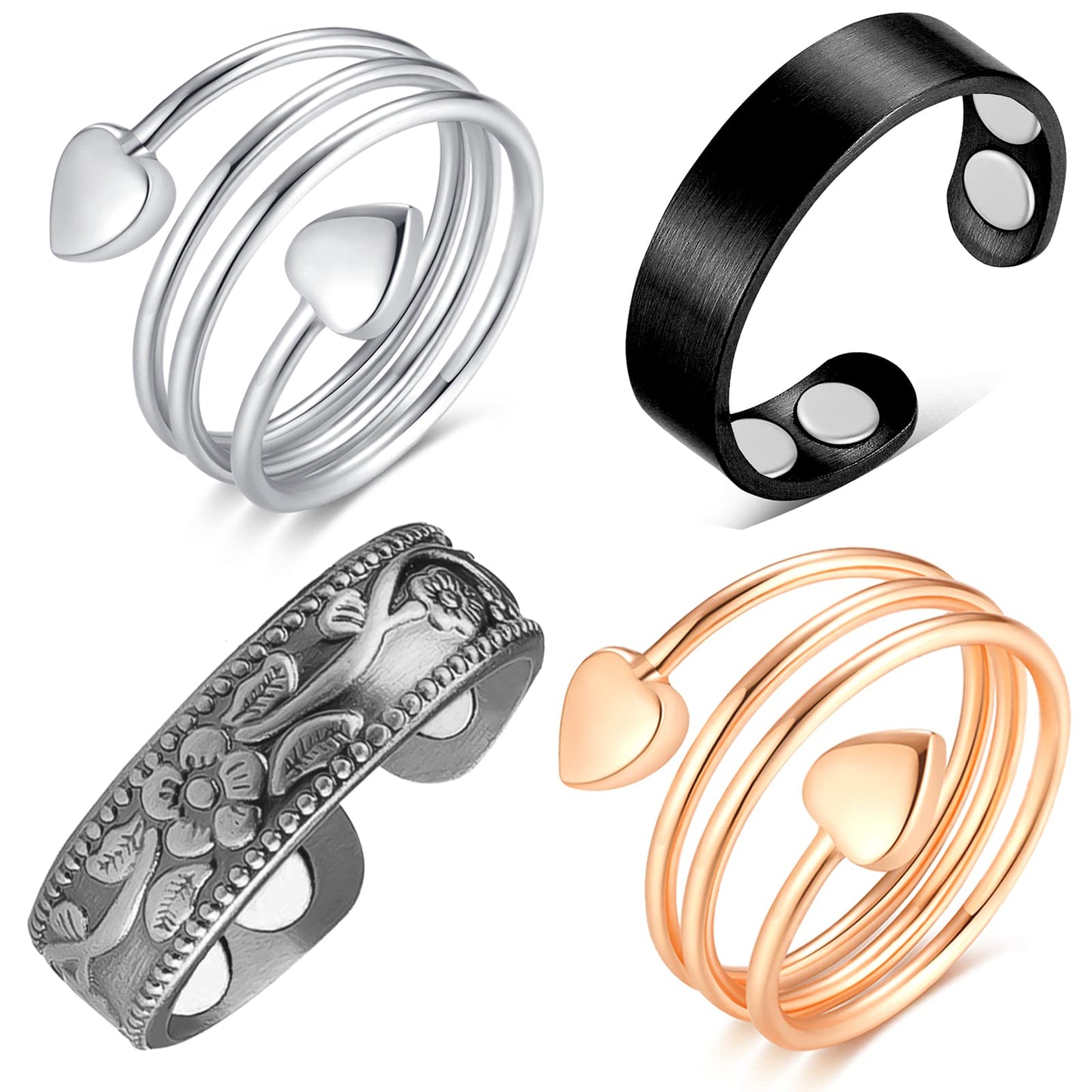 Vicmag Copper Magnetic Ring for Women, Magnetic Rings Ladies Fingers Thumb 100% Solid Pure Copper Jewelry Gift Adjustable (4PCS Snake+Plum+Surface)