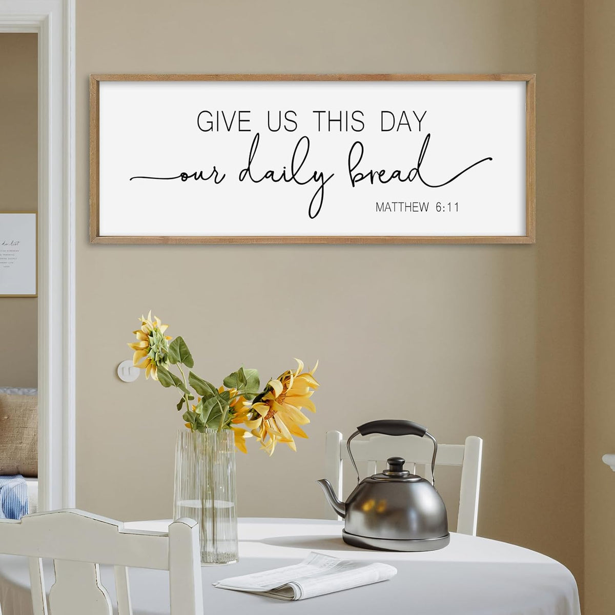 SRSZHIYUE Give Us This Day Our Daily Bread Sign Wall Decor Art 40"×15" Matthew 6:11 Dining Room Kitchen Large Wood Framed Wall Hanging (Wood)