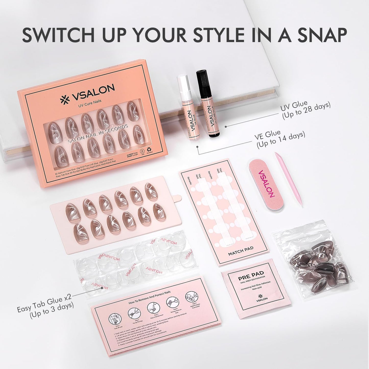 VSALON Press On Nails Short Almond, Cat Eye Spring Glue on Nails Silver Shimmer Ribbon Sparkly Fake Nails With UV Glue Reusable Salon Quality Swirl Summer Stick on Nails for Women - 32 Pcs 16 Sizes