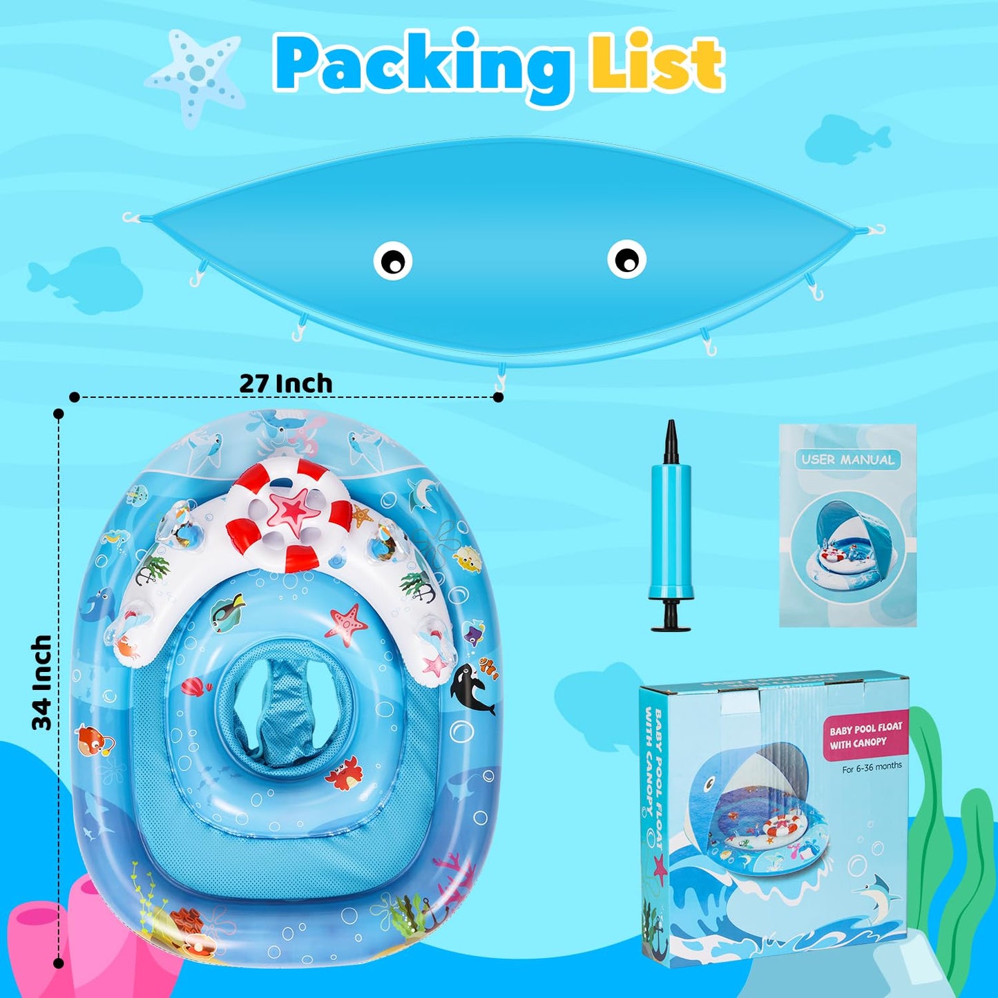 GleamJoy Baby Pool Float with UPF50+ Sun Protection Canopy, Inflatable Swimming Float for Baby 6-36 Months