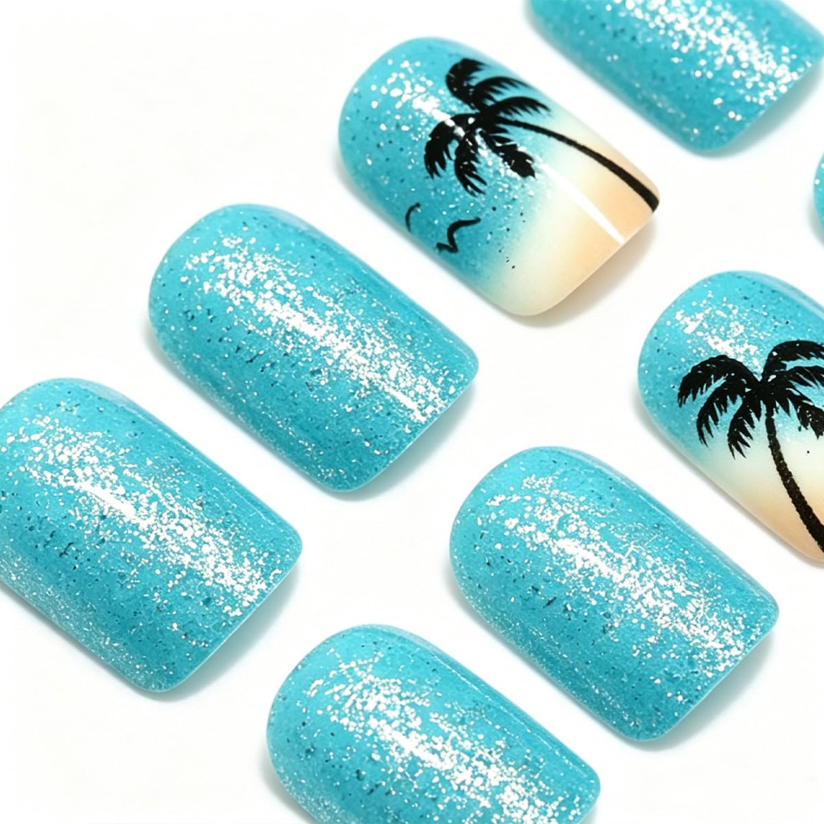 Summer Press on Nails Short Square Fake Nails Beach Coconut Tree False Nails Blue Glitter Acrylic Nails Artificial Full Cover Stick on Nails for Women Manicure 24Pcs