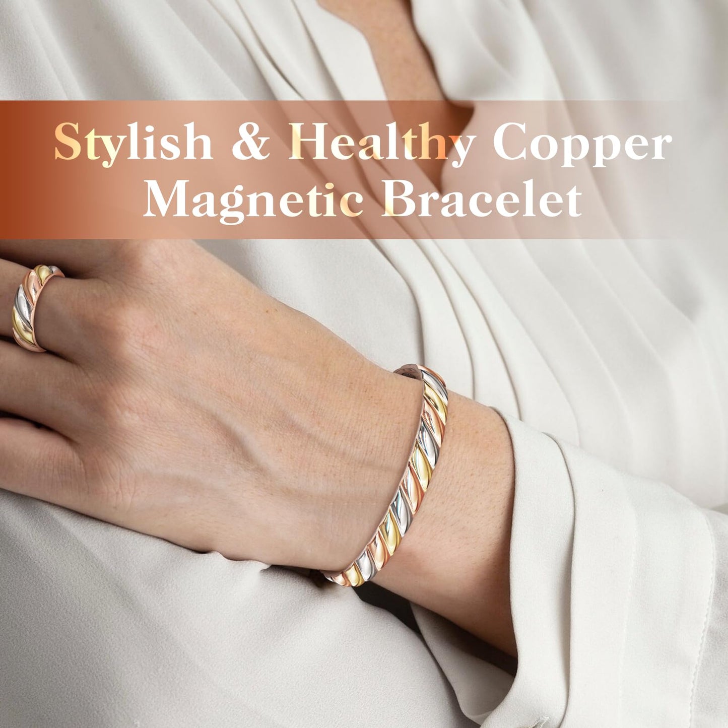 Mahnco Copper Bracelets for Women Men Lymph Detox Magnetic Bracelet & Ring Magnetic Copper Bracelet, Tri-color Bracelet Jewelry Gift for Christmas Valentine's Day Mother's Day