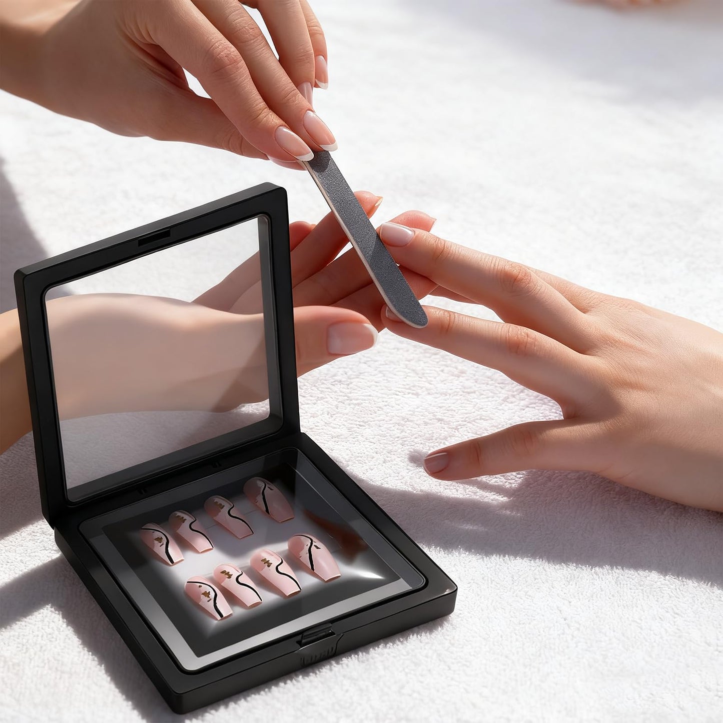 30 Pcs Press on Nail Packaging Box Set with 90 Adhesive Tapes, 3D Floating Display Case Storage Container for Artificial Nails and Jewelry Accessories (Black)