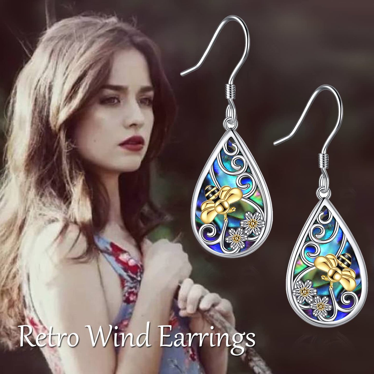 POPLYKE Bee Earrings Sterling Silver Leverback Earrings for Women Teardrop Abalone Dangle Earrings