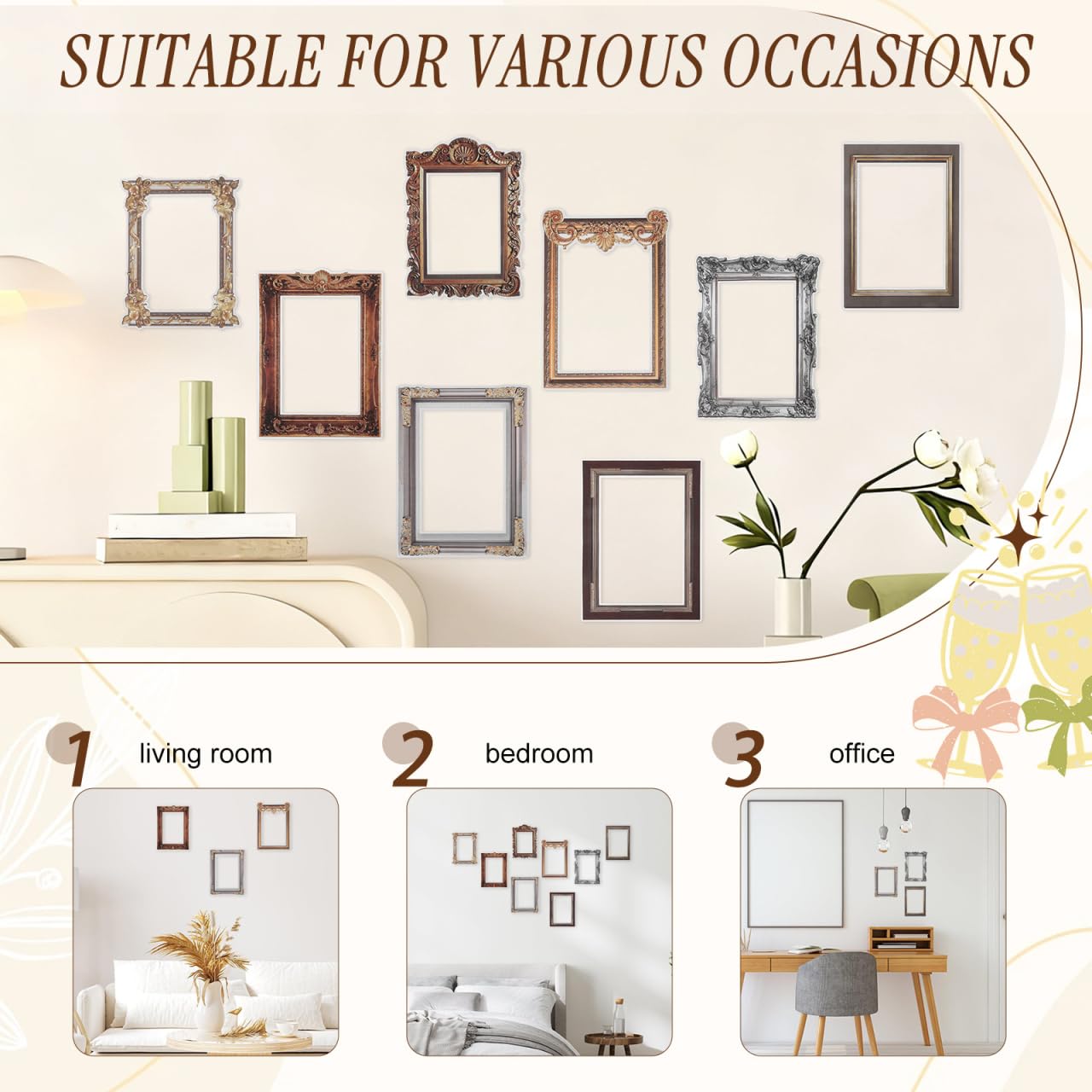PRETYZOOM Retro Photo Frame Wall Stickers 8Pcs Removable Decorative Decals for Living Room Bedroom Diy Scrapbooking and Home Wall Decoration 8.07X5.90 Inch
