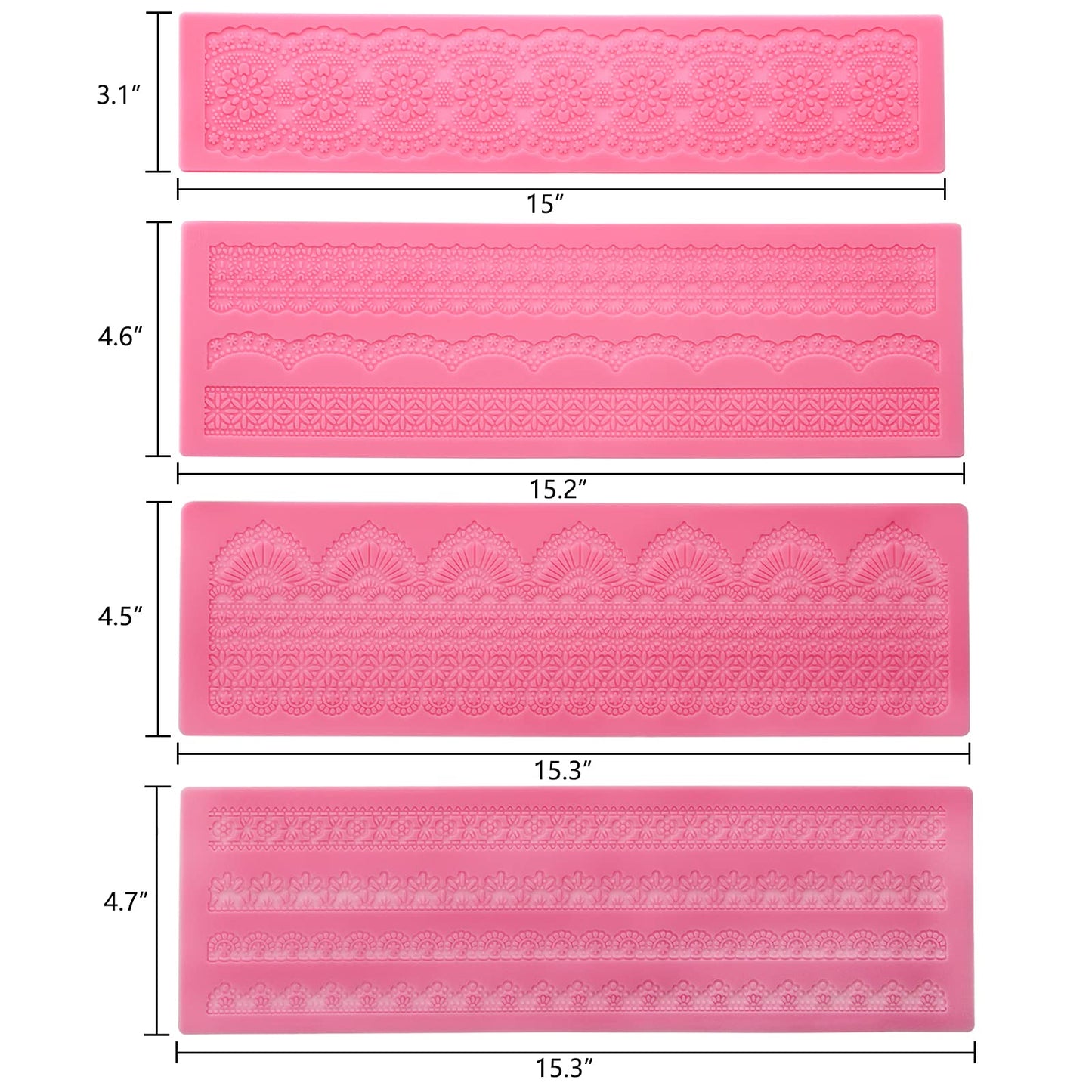 Hedume Set of 4 Sugar Edible Cake Silicone Fondant Impression Lace Mat, 15.5" Large Mold, Flower Pattern Molds Craft Tools for Cake Decorating