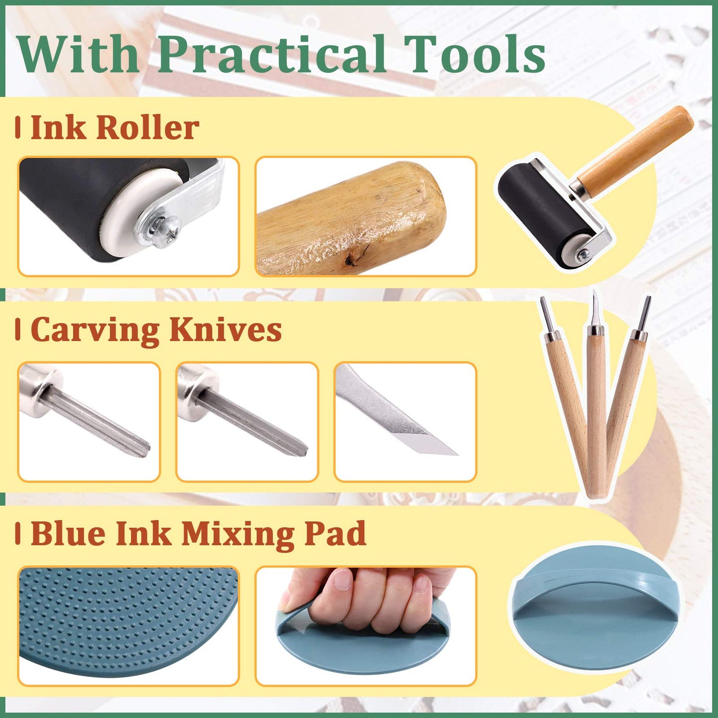 Keadic 41 Pieces Rubber Stamp Making Kit, Includes 2 Rubber Stamps Carving Blocks, 3 Carving Tools & Whetstone, Tracing Papers, Brayer Roller, Block Printing Tools for Stamp Carving and Printmaking