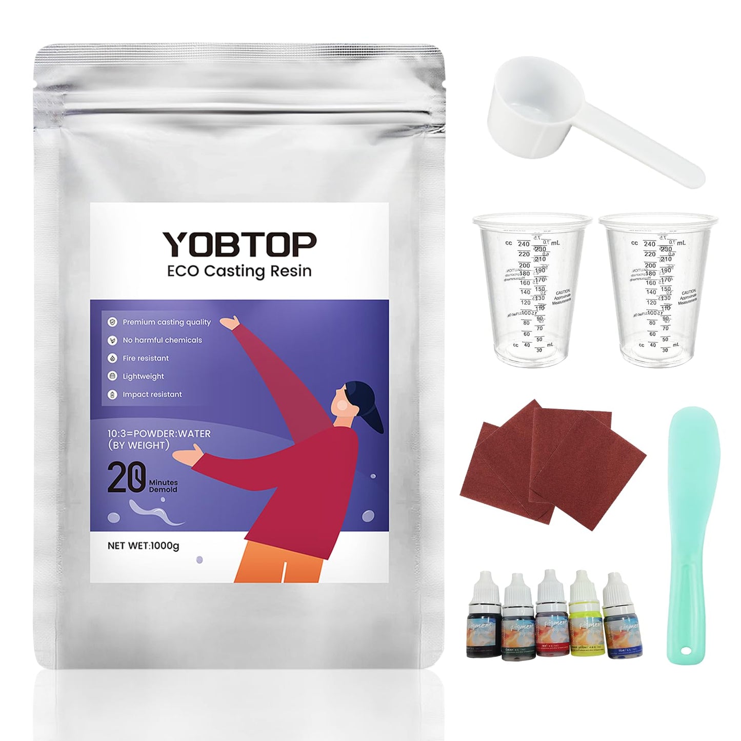 YOBTOP Resin Casting Powder 1000g with 5 Pigments - Fast Cure Eco Plaster Kit, Water Activated, 30 Min Demold for Beginners, Self-Leveling for DIY Crafts, Molds, Home Decor Gifts