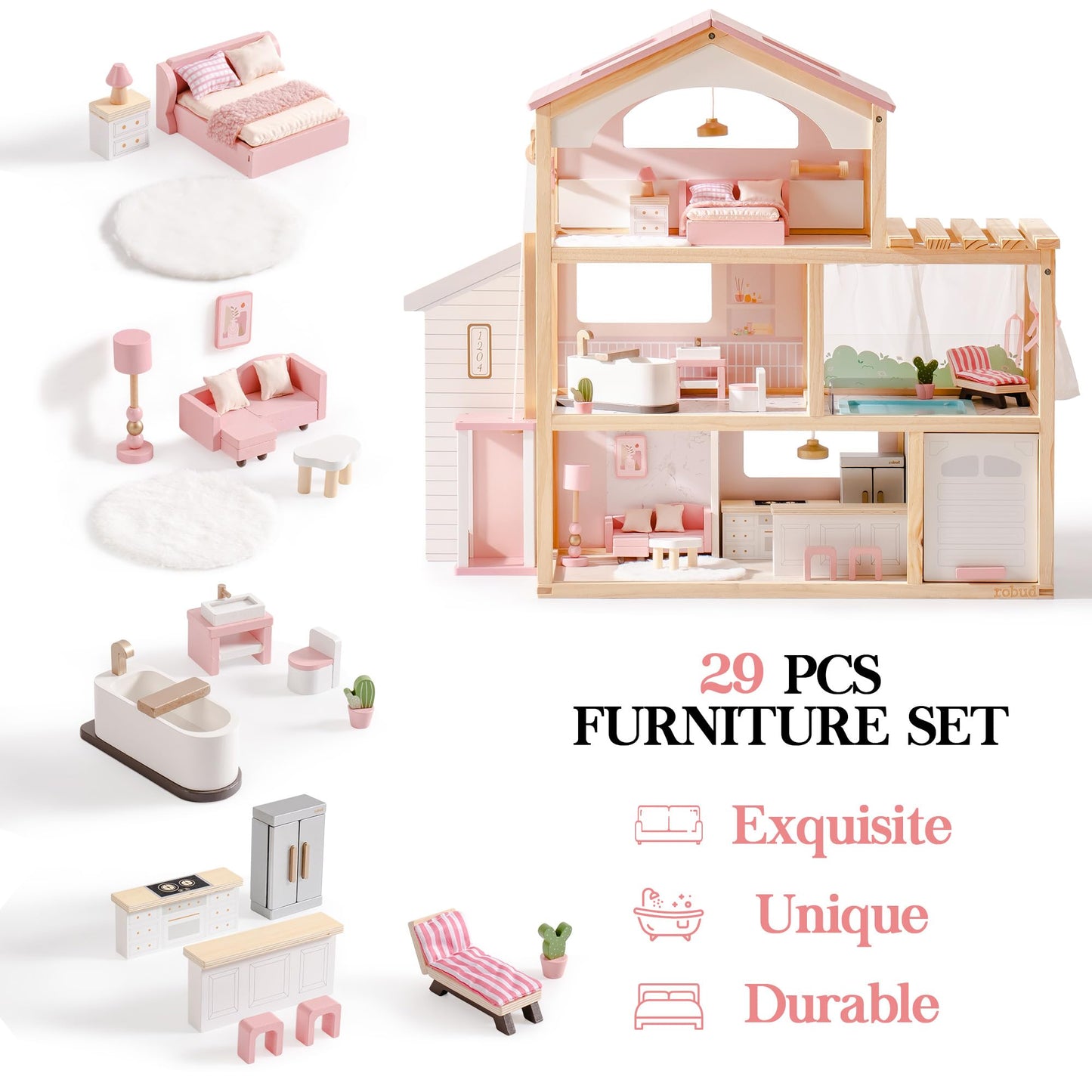 ROBUD Doll House, Wooden Dollhouse with 6 Rooms, 29-pcs Furniture Set, Working Elevator, Garage, Swimming Pool, Ideal Gift for Kids Ages 3+ (Pink)