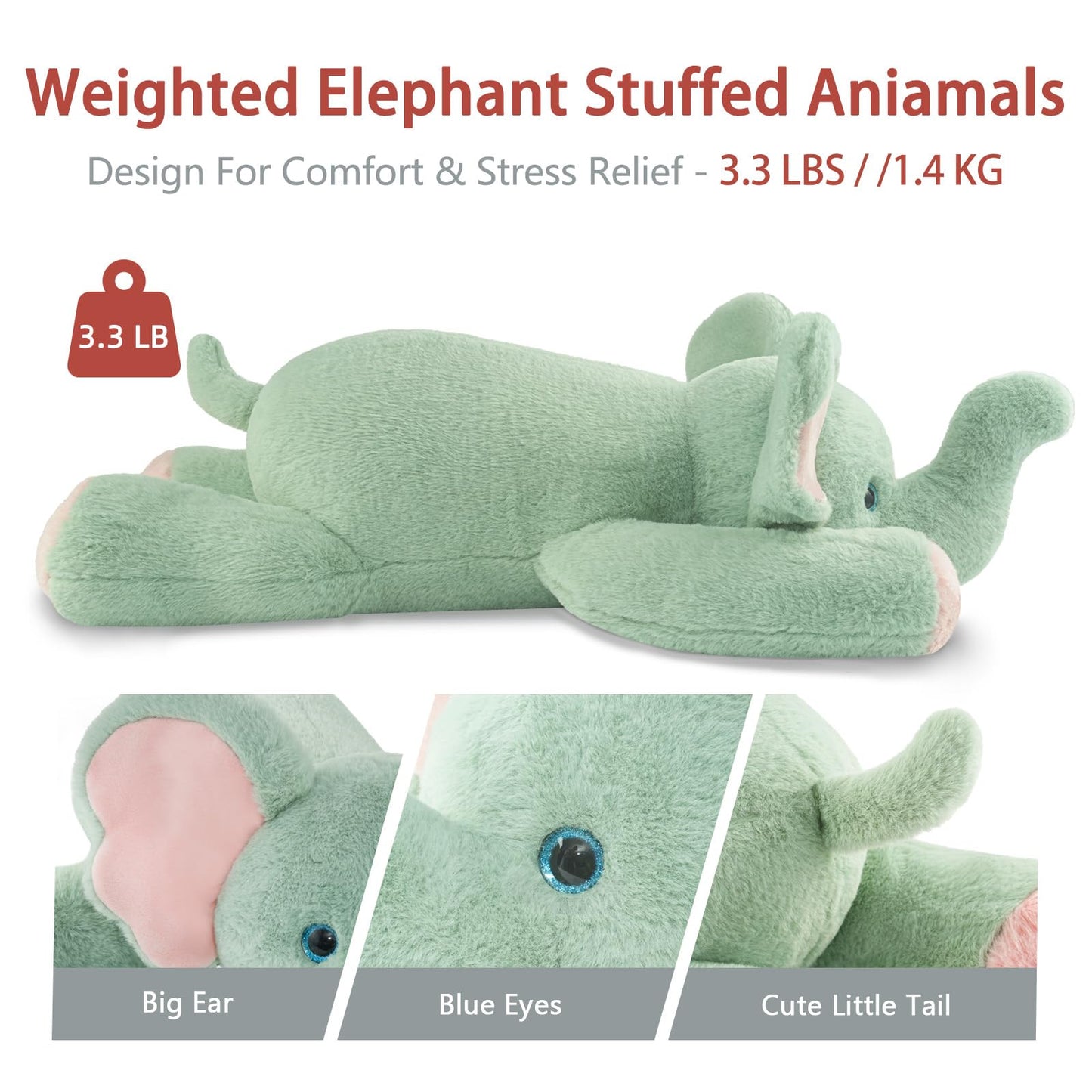 Niuniu Daddy 20" | 3.3 Pound Elephant Weighted Stuffed Animals, Large Pillowfort Plush Animal Toys for Kids Adults, Large Body Pillow for Gifts Presents Birthday Christmas Holiday