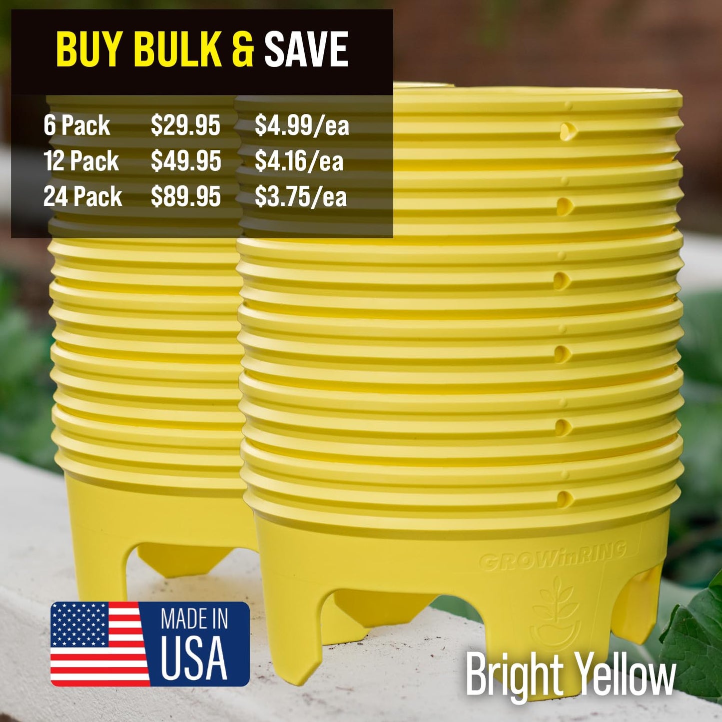 7 inch Solid Planting Grow Rings | 6 Pack Yellow | One-Piece Design for Deep Root Watering Veggies, Herbs & Flowers | Mulch & Soil Barrier | Deter Slugs and Cutworms | Heavy Duty | Made in USA