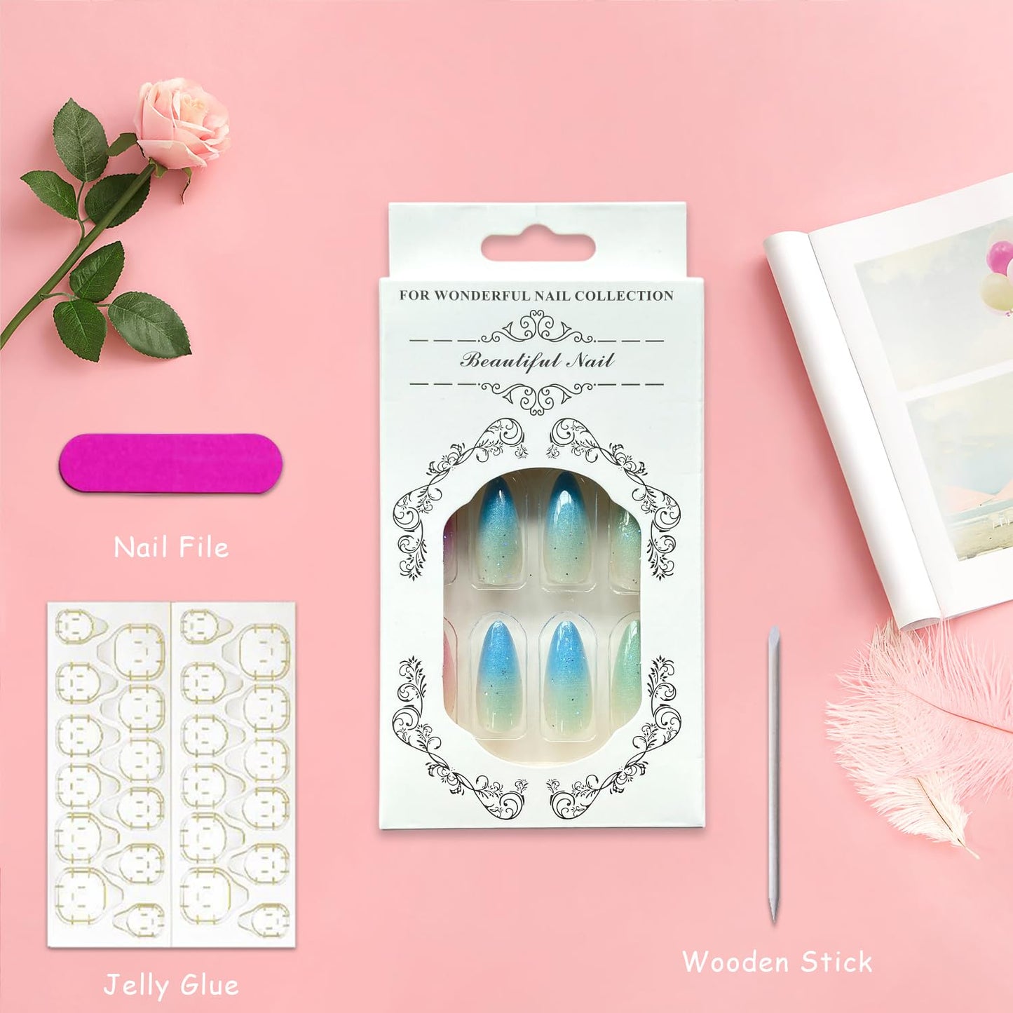 Multicolor Gradient Fake Nails Long Almond Press on Nails with Glue on Nails Glossy Artificial False Nails Acrylic Ombre Stick on Nails for Women Girls