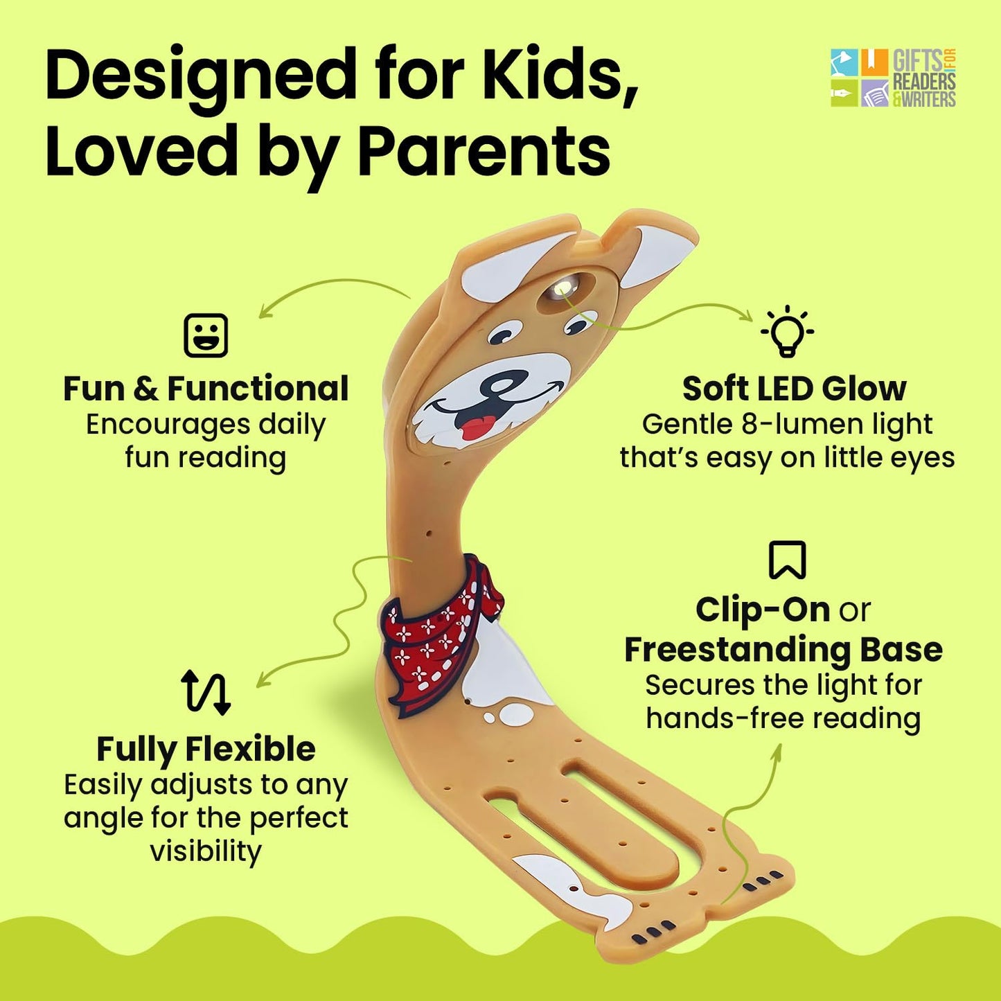 Gifts for Readers & Writers Book Light for Kids, Clip On Reading Light for Bed, 2in1 Flexilight Pals & Bookmark, Small & Lightweight with a Soft Glow, 2 Batteries Included, Dog