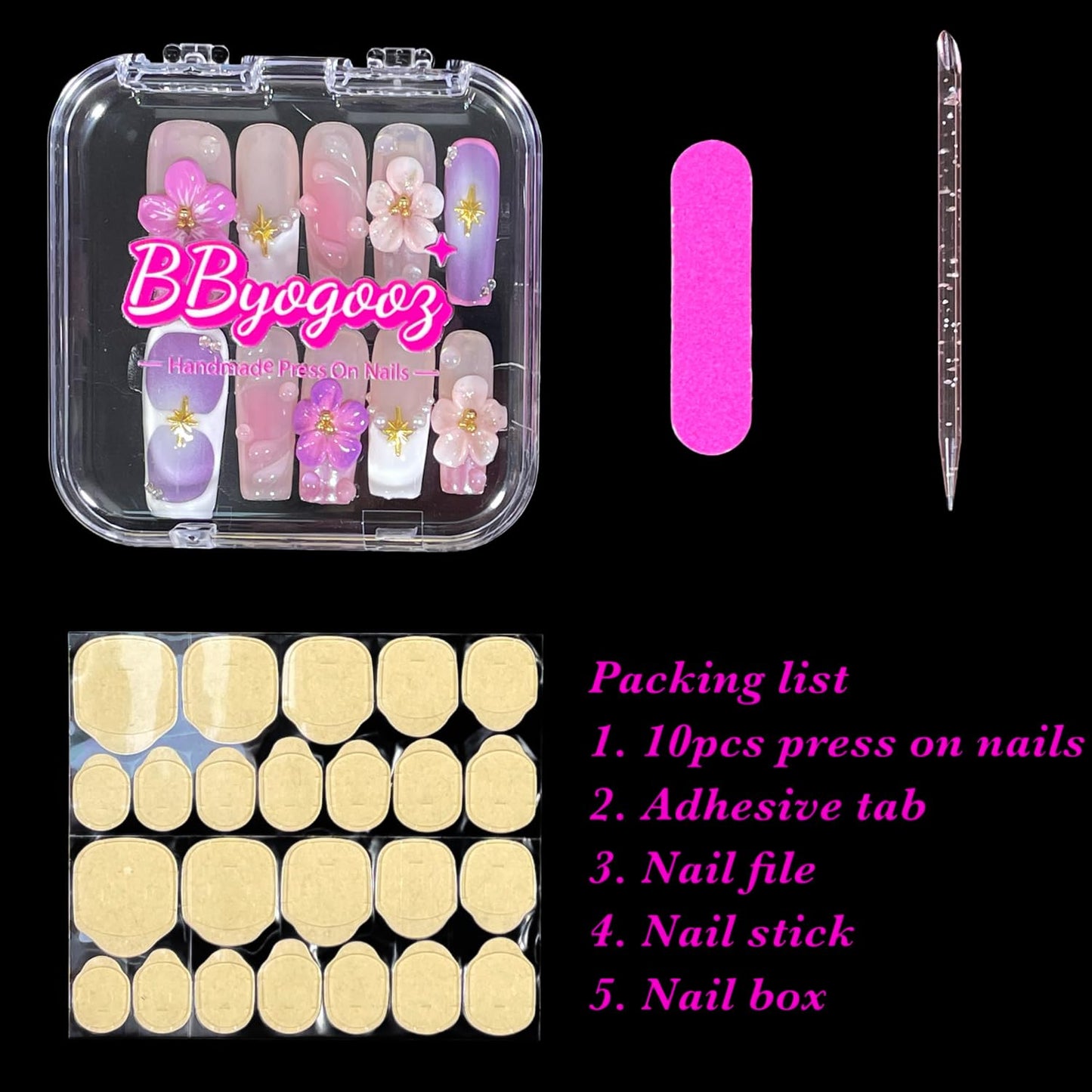 Handmade Press On Nails Medium/Long Square Pink 3D Sakura Design - Reusable French Acrylic Fake Nails with Gold Stars & Pearls, Luxury Cherry Blossom False Nails (Sakura, S)