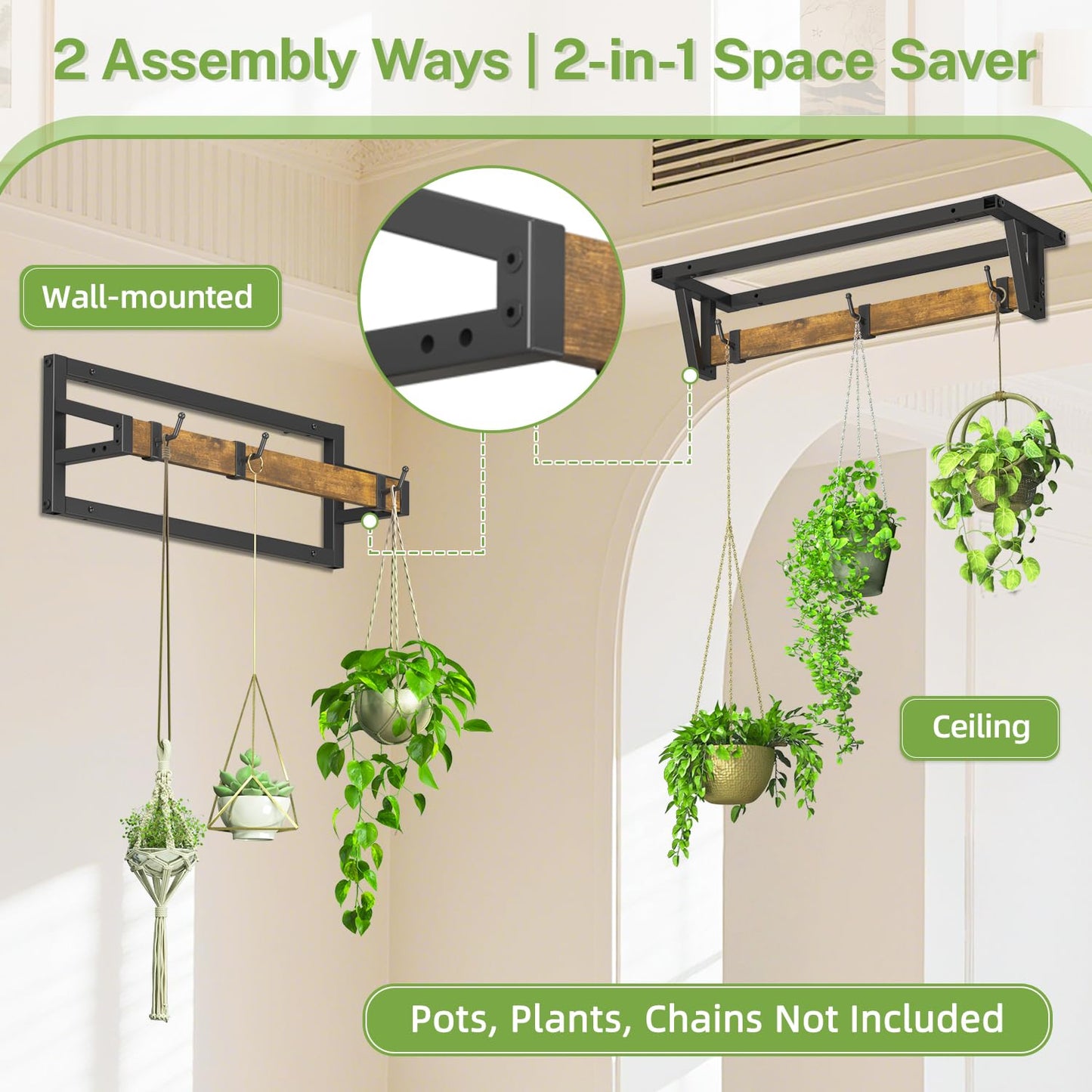 iDavosic.ly Plant Hanger Indoor Set of 2 for Wall & Ceiling, Metal and Wood Hanging Rod with 6 Hooks, Floating Flower Display Shelf for Window, Space Saving (Pots/Chains/Plants Not Included)