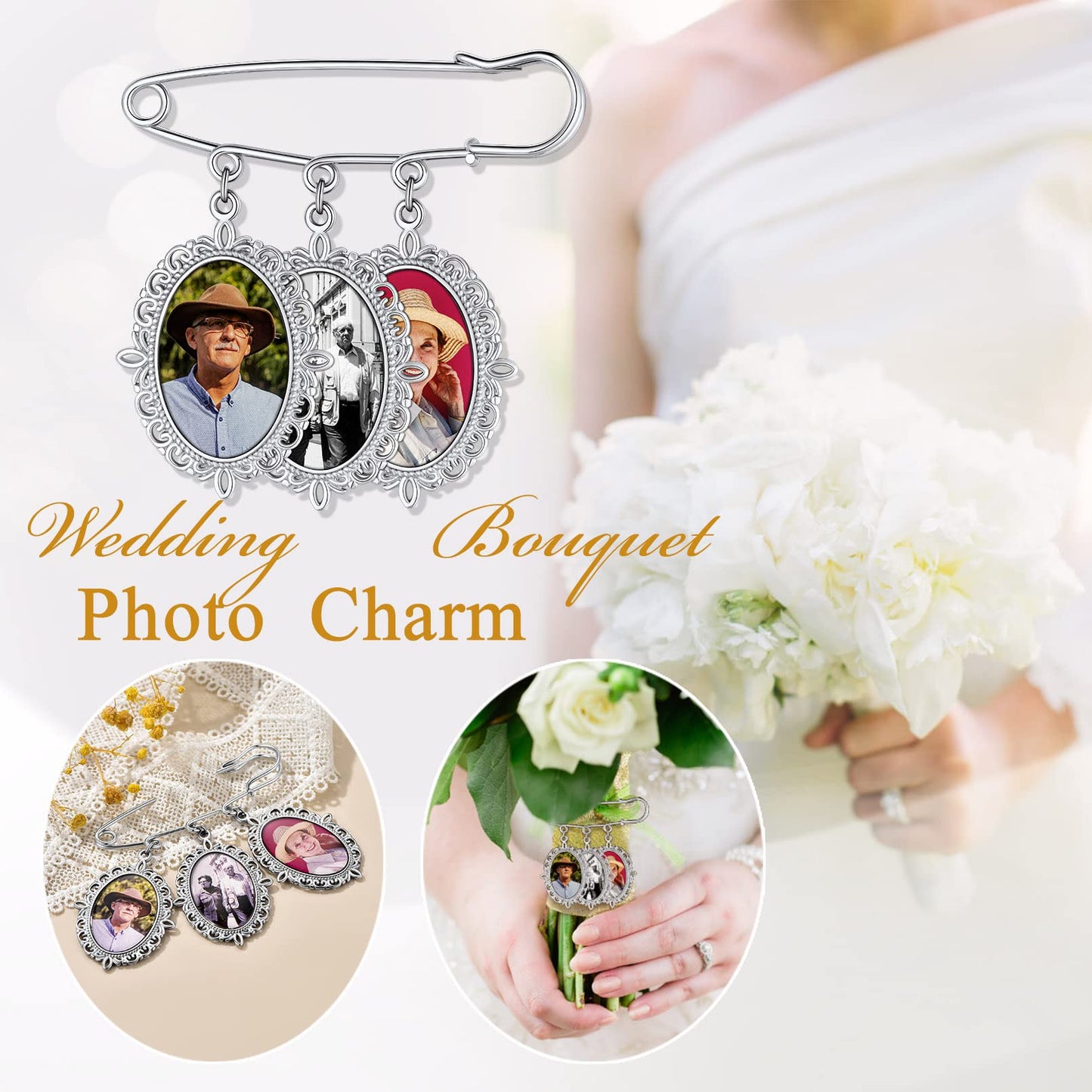 Custom4U Memory Charms for Wedding Bouquet Customized with 3 Pictures Custom Photo Brooch Pins Funeral Boutonniere Oval Shaped Charm Memorial Jewelry
