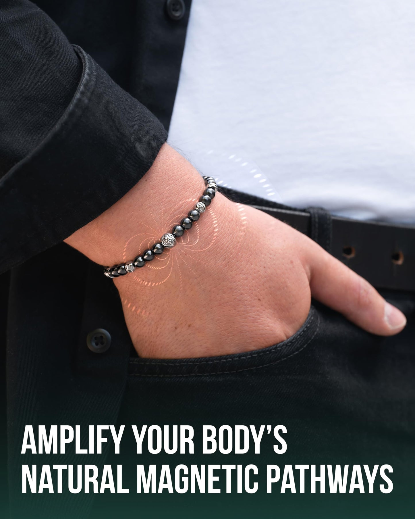 MagnetRX® Hematite Magnetic Bracelet – Max Strength Magnet Stones with Stainless Steel Charms – Elegant Magnetic Hematite Beaded Bracelets for Men (Armory | Large)