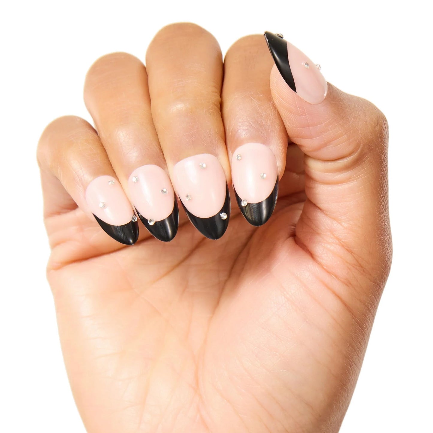PaintLab Press On Nails - Black Glam Noir 3D Rhinestone Short Almond Fake Nails, 30 Nails in 15 Sizes with Glue, Reusable Salon Quality Press On Nails
