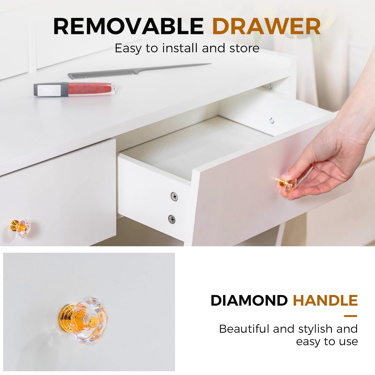 COMHOMA Makeup Vanity Desk with Mirror and Lights, Vanity Table and Chair Set with 5 Drawers and Charging Station, Bedroom Dresser LED Mirror Stepless Dimmable & 3 Color Modes Adjustable, Pearl White