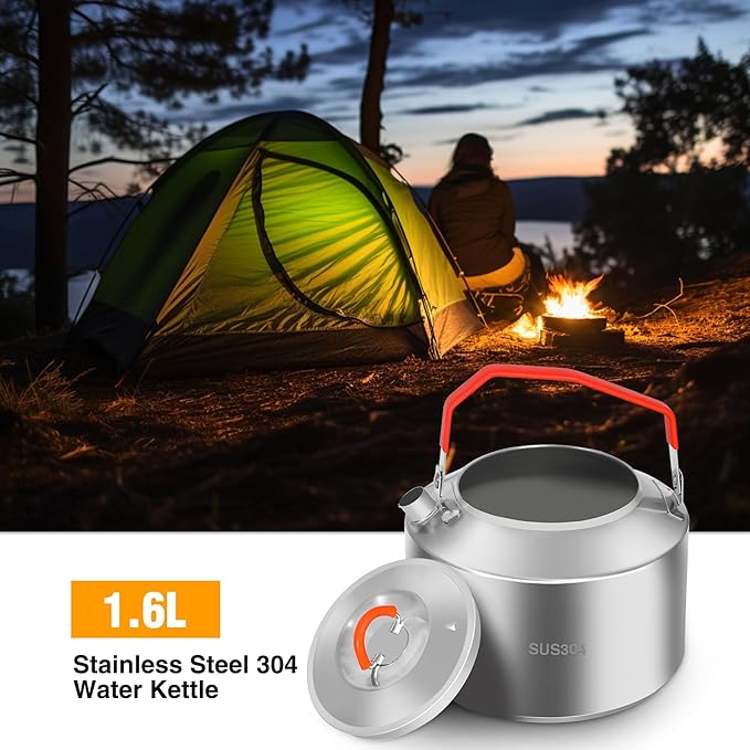 REDCAMP 1.6L Outdoor Camping Kettle, Lightweight Stainless Steel Water Pot with Carrying Bag, Compact Camp Tea Kettle Coffee Pot for Hiking Picnic Camping