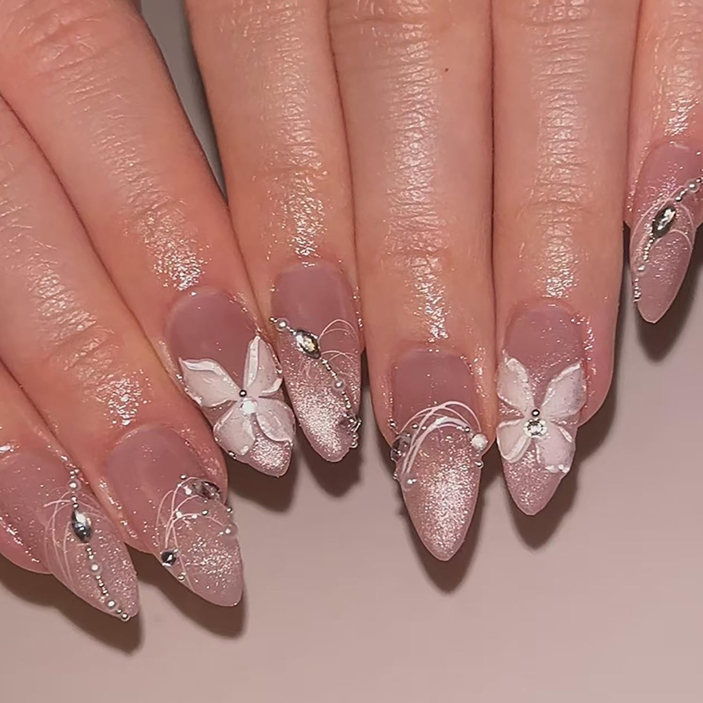 Press on Nails Almond Medium Cat Eye Acrylic False Nail Flower Rhinestones Design Full Cover Glossy Artificial Fingernails Press Ons Rhinestones Stick on Nails DIY Glue on Nails for Women 24Pcs