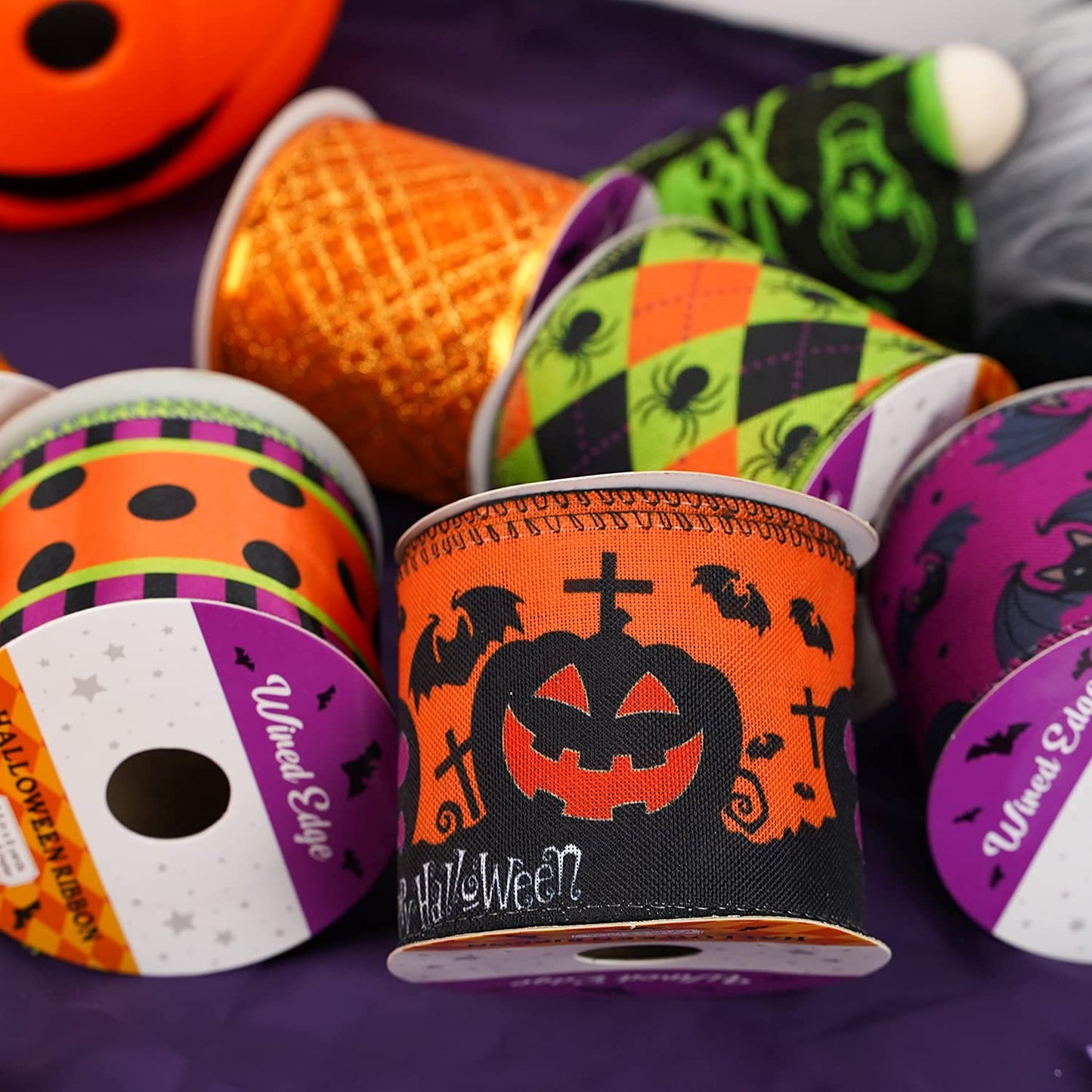 MEEDEE Halloween Wired Ribbon - 6 Rolls, 36 Yards, Black & Orange, Buffalo Plaid & Pumpkin Designs for Wreaths