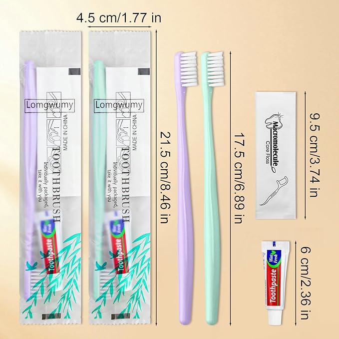 Disposable Toothbrushes, Toothbrush and Toothpaste, Toothbrush and Toothpaste Travel, Comes with Floss Picks, Individually Packaged, 2 Colors, Suitable for Hotel, Home, Camping, Travel (PACK-100)