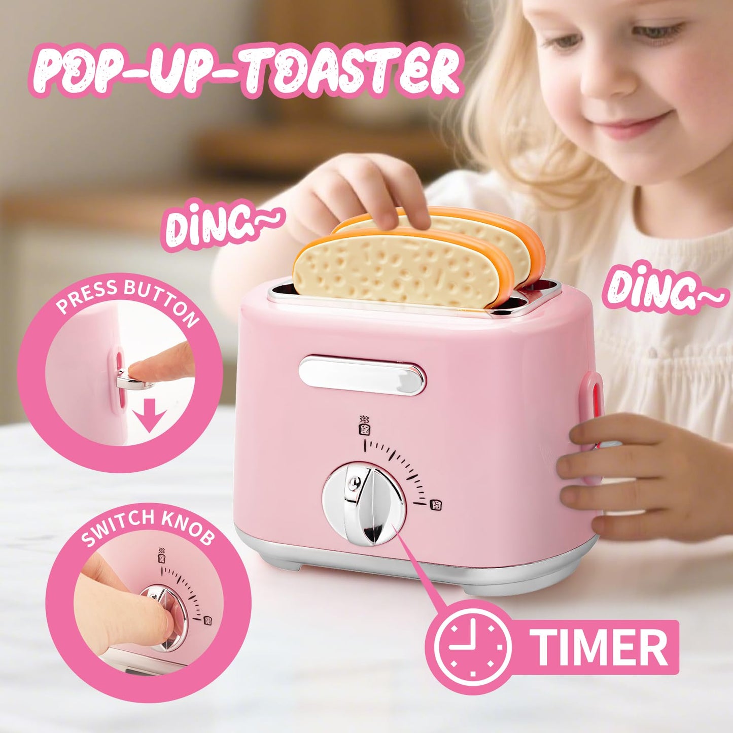 Play Kitchen Accessories,Toy Kitchen Appliances with Blender,Coffee Maker,Mixer,Toaster,Kids Kitchen Playset with Sound & Light,Play Kitchen Sets for Kids Ages 4-8,Pink Kitchen Toys for Girls Ages 3-5