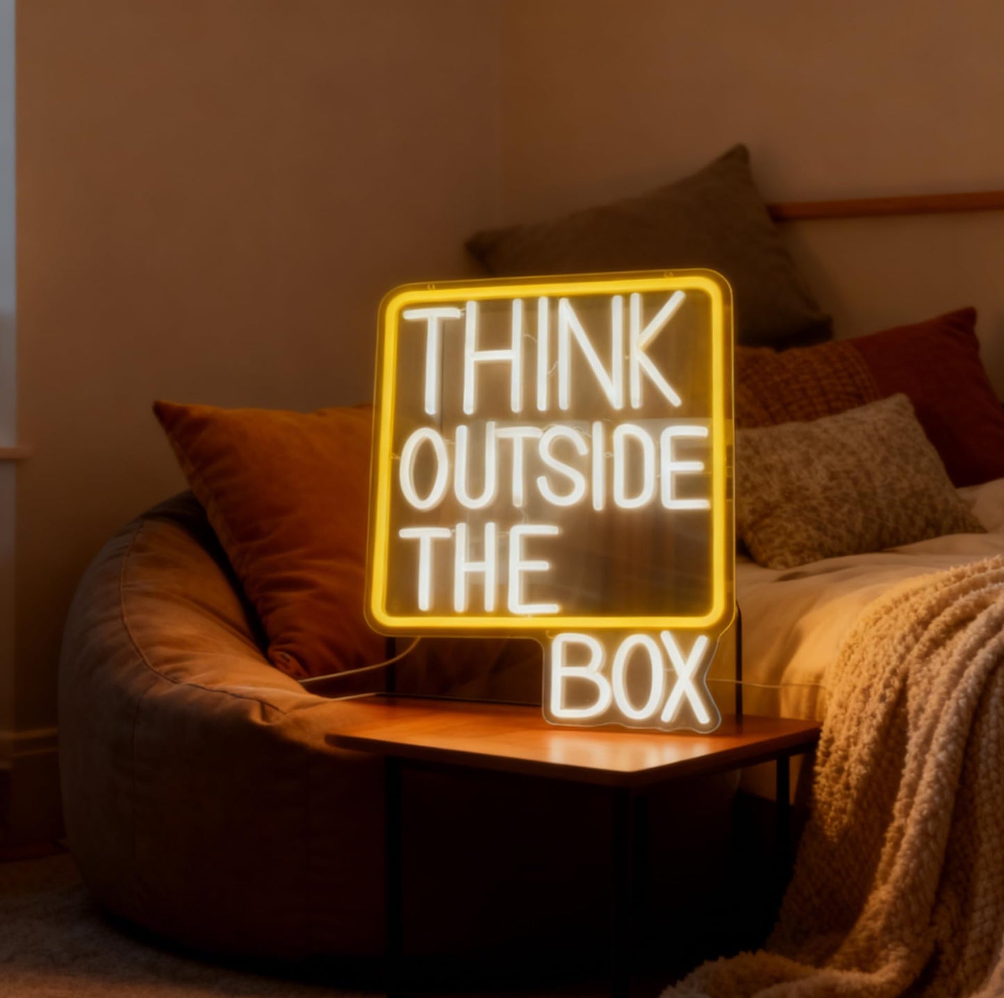 Think Outside The Box Neon Sign, USB Powered Dimmable Decorative Neon Light Home Office Creative Studio Classroom Study Space Decor Gift Wall Table Light Up Sign 16.3 x 11.8 In