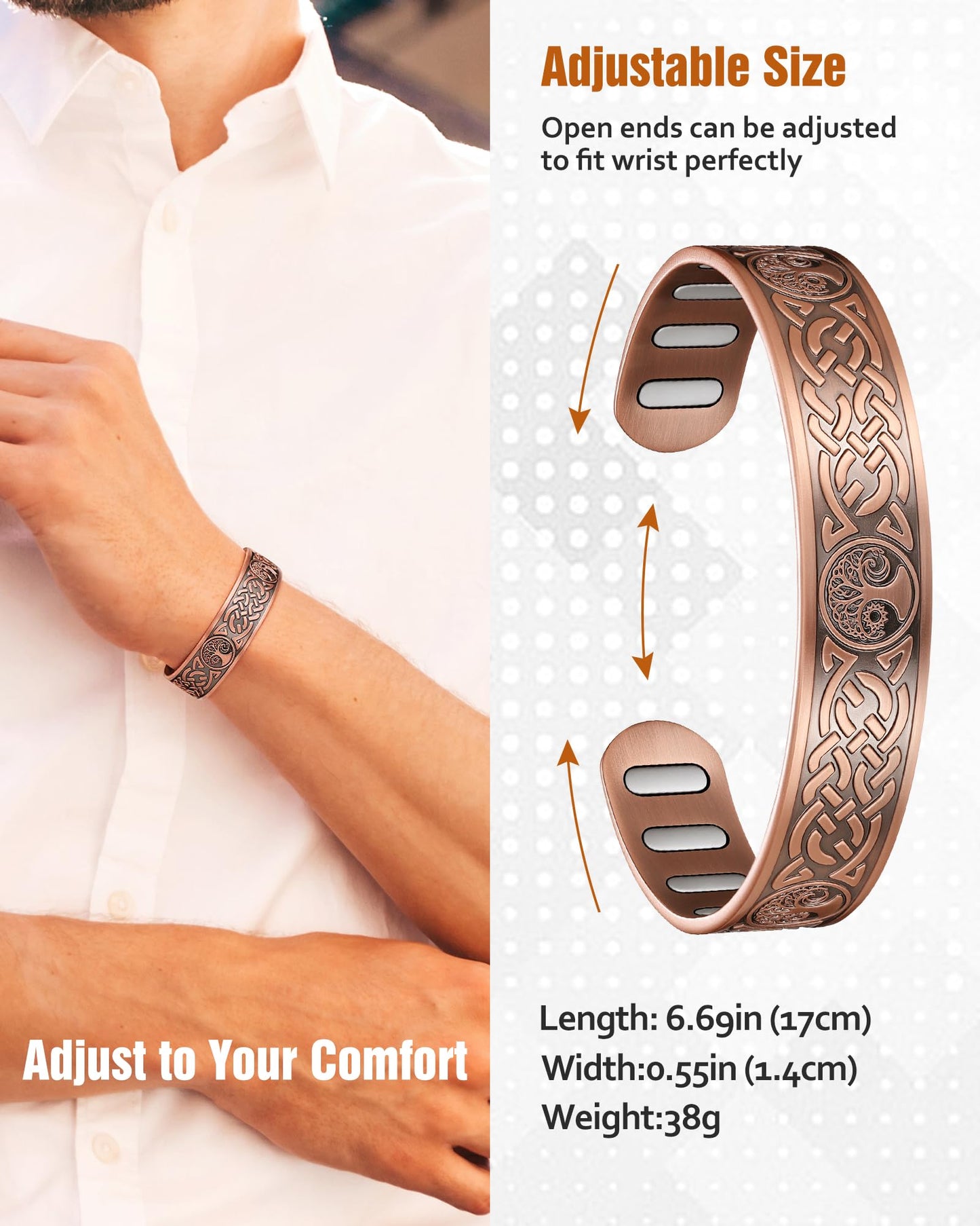 Jecanori Copper Magnetic Bracelets for Men and Women–Upgraded Oval Magnets-Adjustable Cuff Bangles