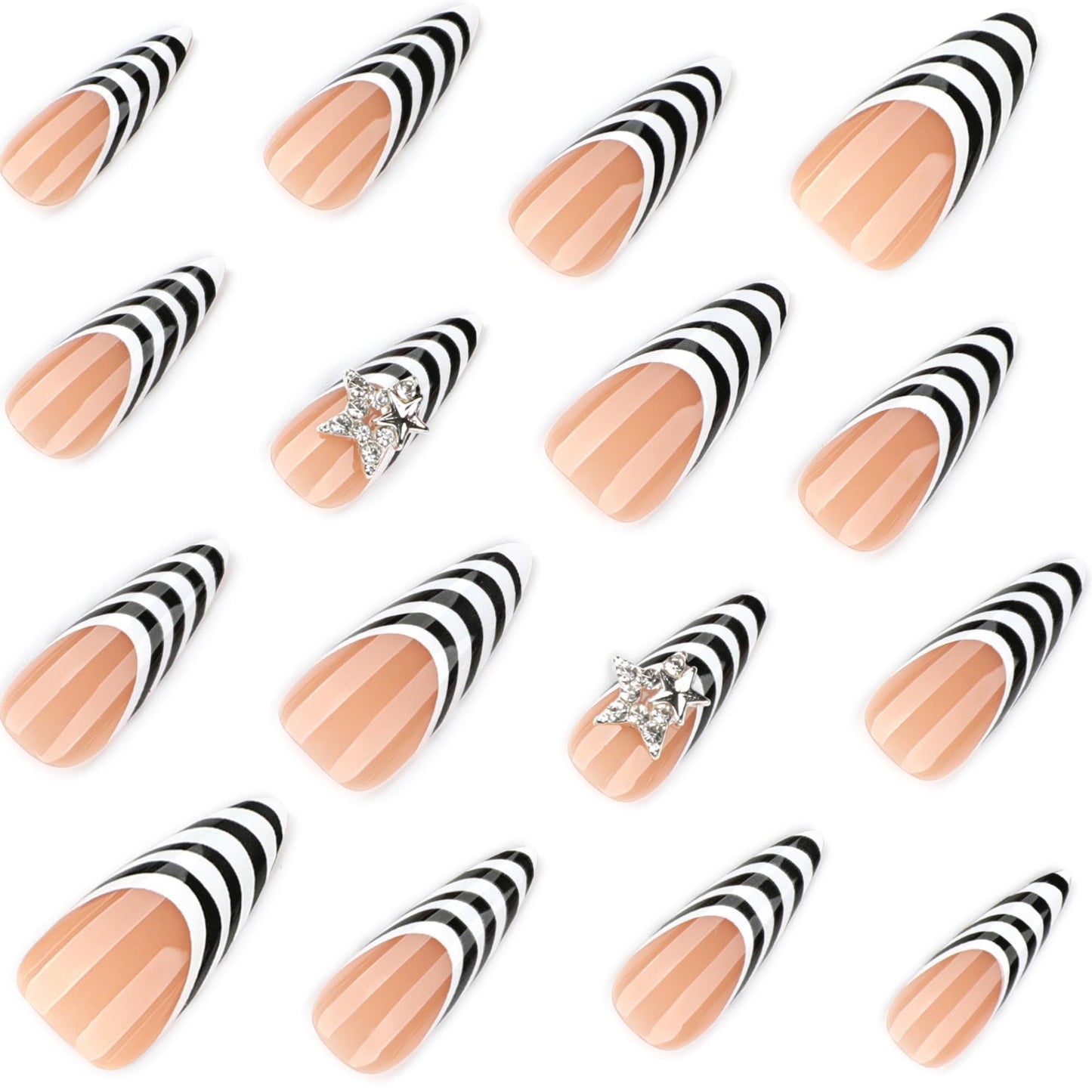 octoswave Press on Nails Long Almond Fake Nails French Tip Artificial Nail White and Black Stick on Nail for Women 24pcs