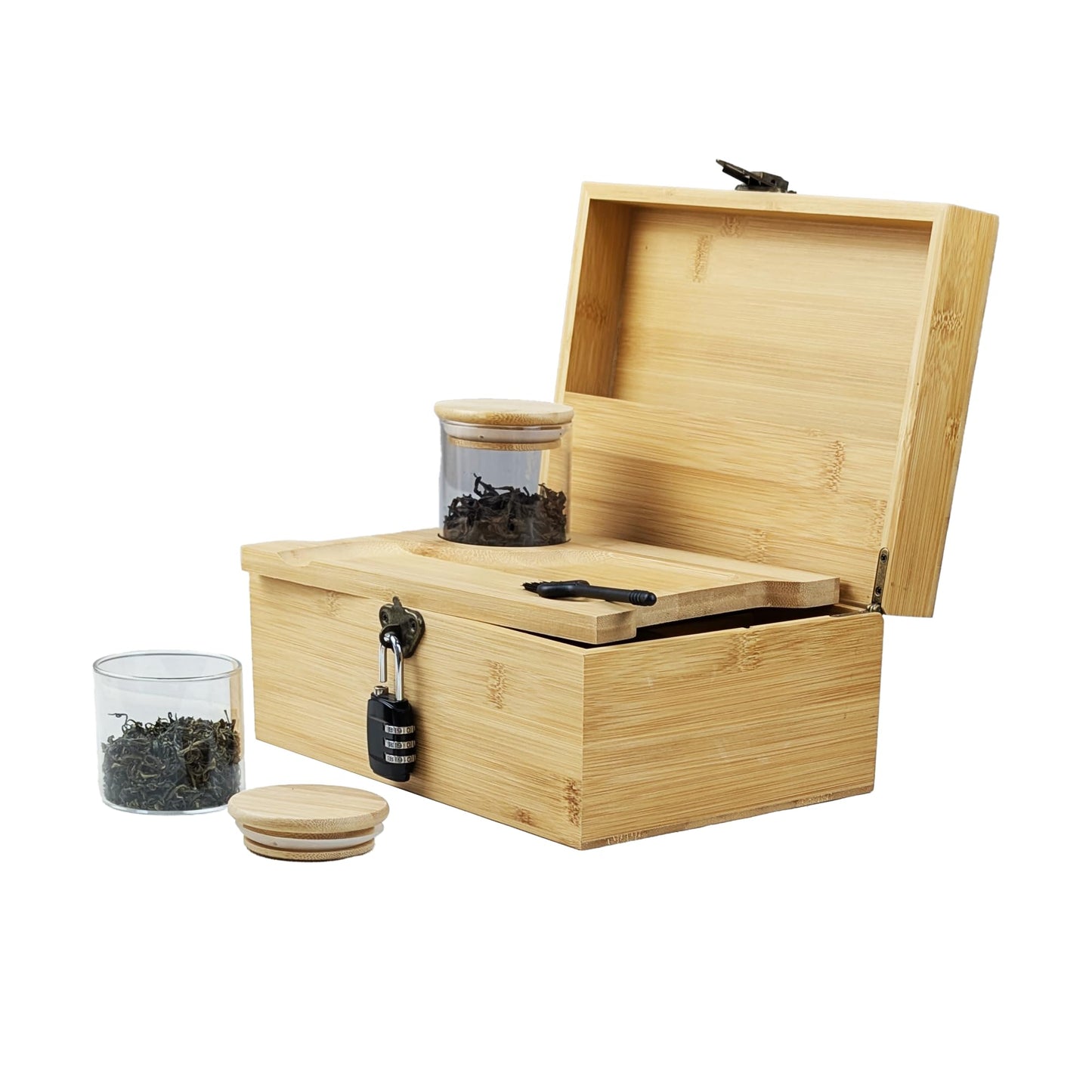 ARTAWEIN Large Bamboo Box with Combination Lock - Decorative Storage for Home, Elegant Organizer for Living Room and Bedroom, Gift Choice with Jars and Tray (Brown)