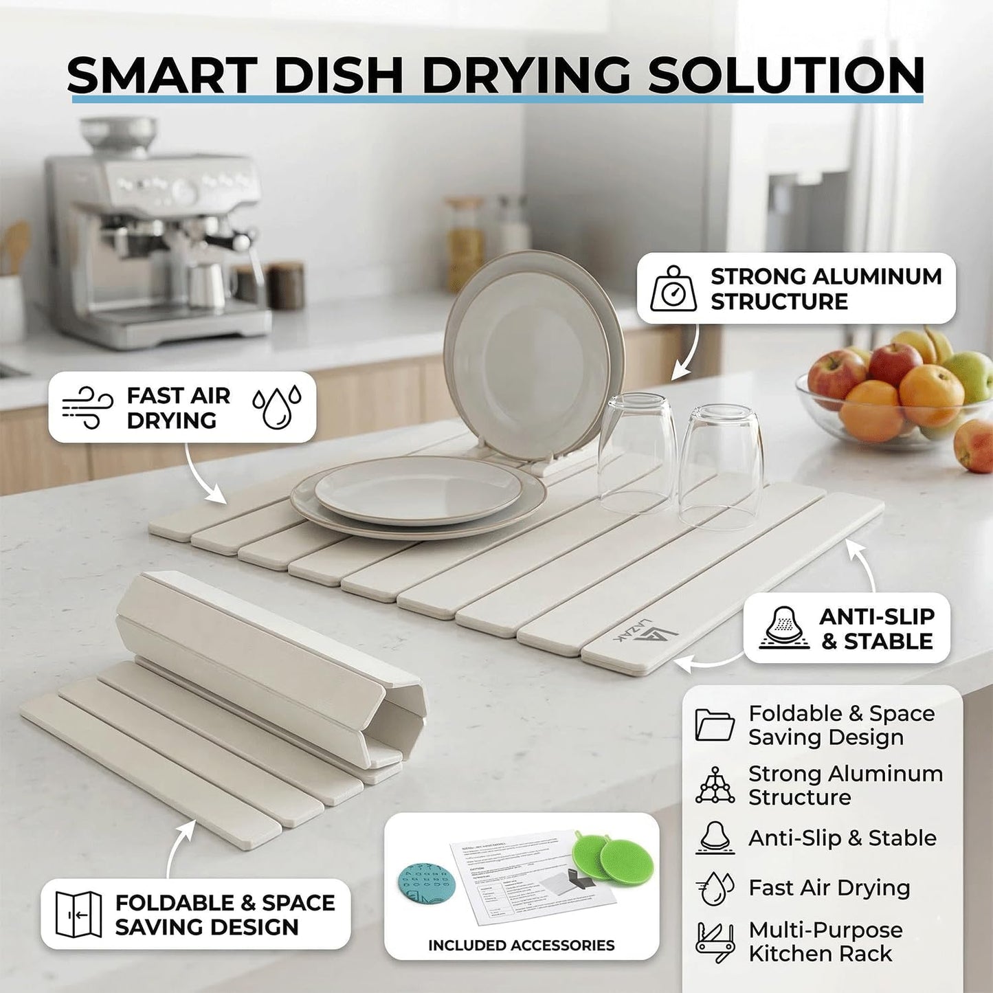 Foldable Diatomite Stone Drying Mat for Kitchen Counter, Fast Drying Dish Drying Mat, Stone Dish Drying Mat, Dish Mat Drying Kitchen Mat, Kitchen Drying Mat with 3 Silicone Dishwashing Brushes