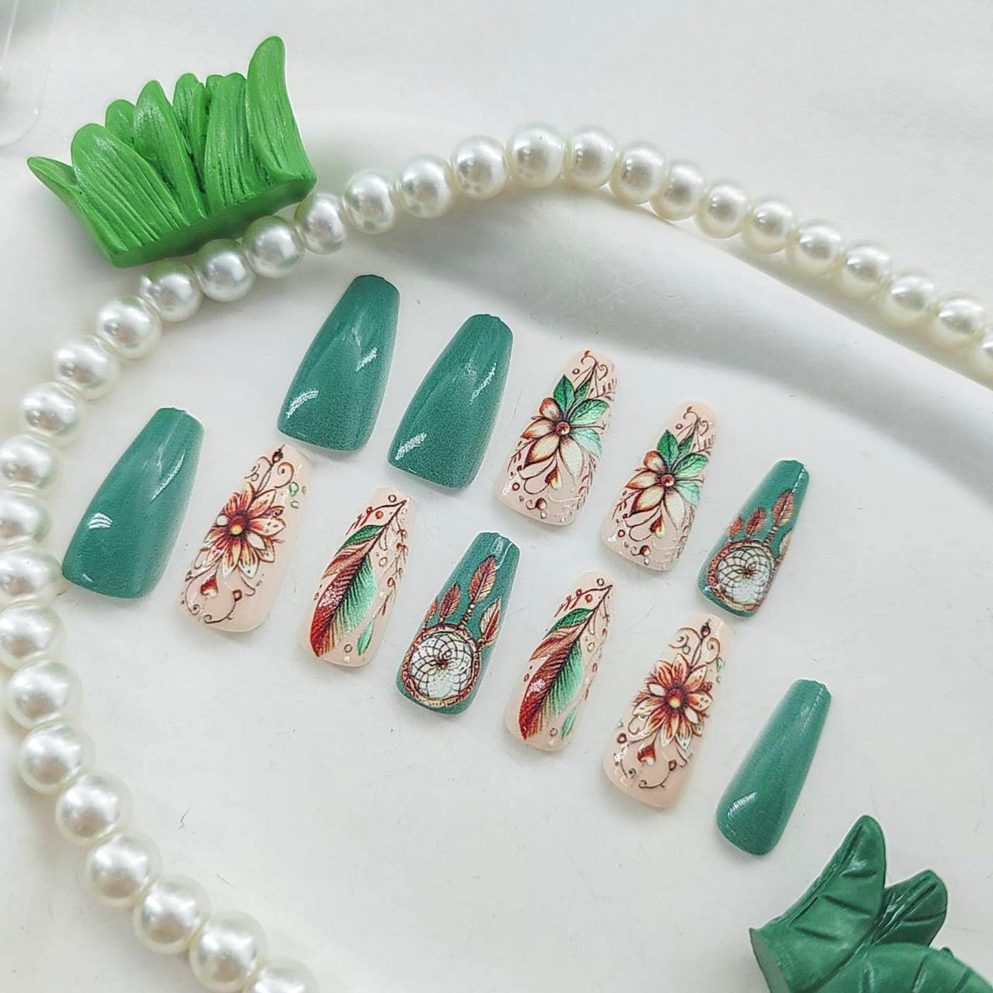 Green Press on Nails Coffin Medium Fake Nails with Butterfly Flower Designs Full Cover Nails Press ons Glossy Glue on Nails Cute False Nails Spring Acrylic Nails Summer Stick on Nails for Women 24Pcs