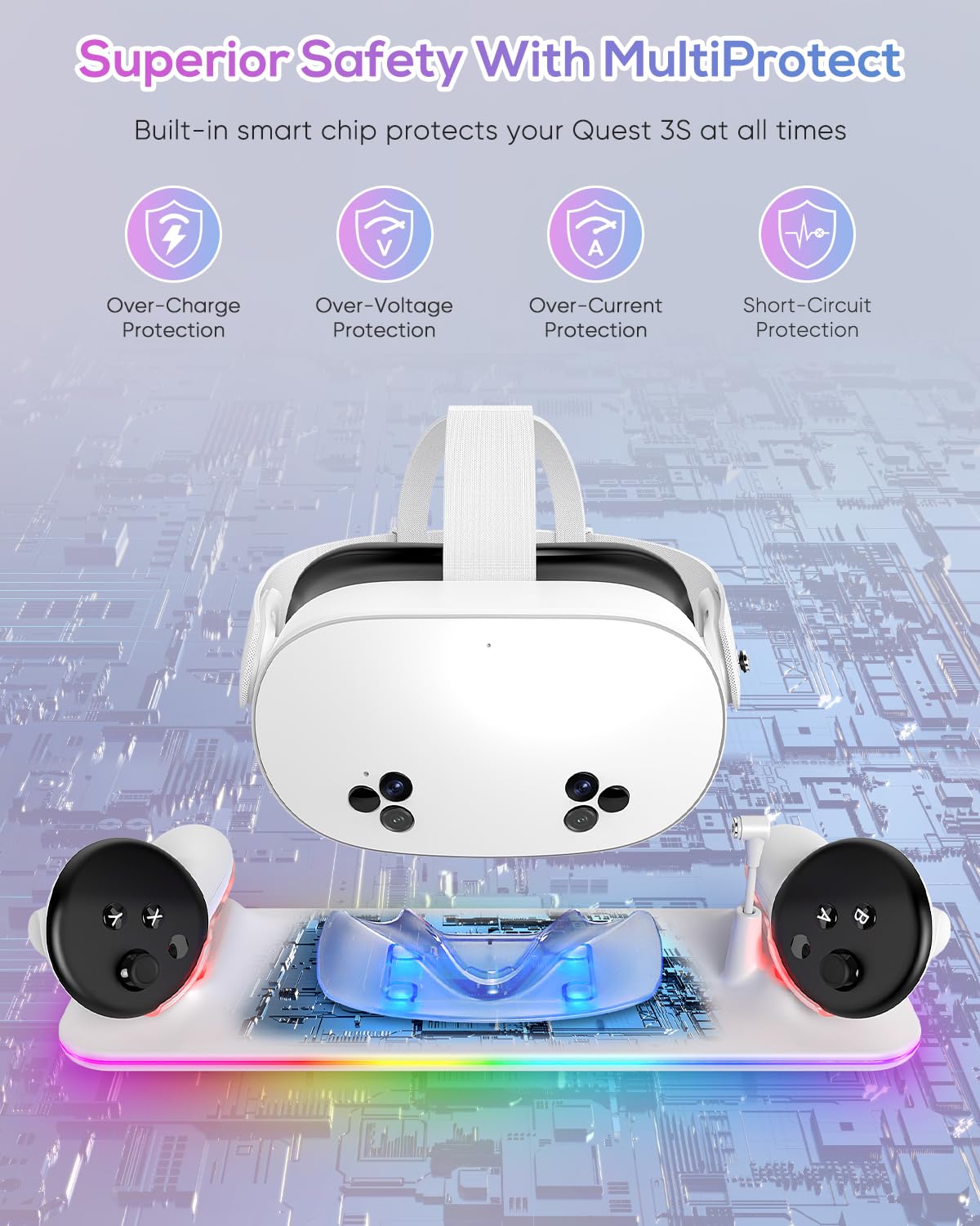 Charging Dock for Meta Quest 3S/3, Kinwin Magnetic Charging Station for Oculus Quest 3S/3 Accessories with RGB Light, Charging Stand for VR Headset & Controller with 2 Rechargeable Batteries (White)