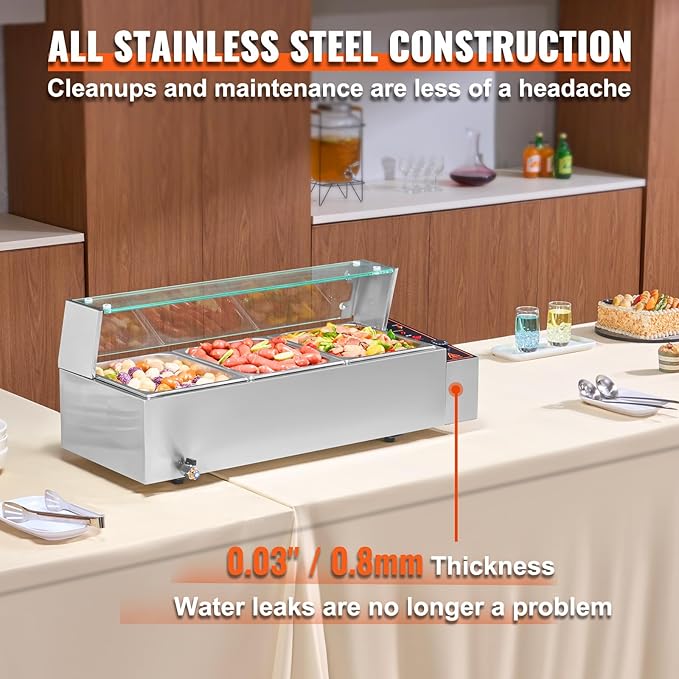 VEVOR 3-Pan Commercial Food Warmer, 3 x 8QT Electric Steam Table with Glass Cover, 1500W Countertop Stainless Steel Buffet Bain Marie 86-185°F Temp Control for Catering, Restaurants, Silver
