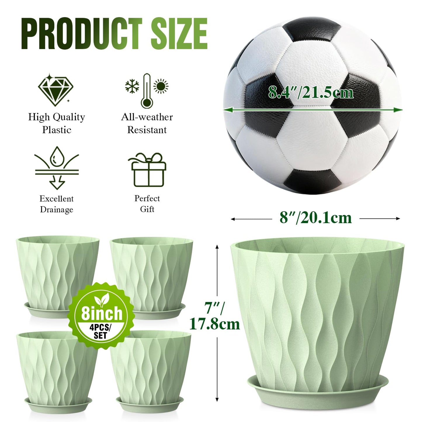 Areutxbis 8 Inch Wave Plant Pots with Drainage Holes & Saucers, 4 Pack Modern Textured Medium Planters for Indoor Outdoor Plants, Decorative Flower Pots Repotting Set for Flowers, Herbs (Green)