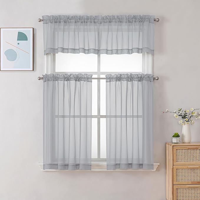 Chyhomenyc Sheer Valances for Windows 2 Pack, Small Window Curtains for Living Room Bathroom Cafe Laundry Basement, Modern Top Dual Rod Pocket Voile Curtain, 42W x 18L inches, Light Grey