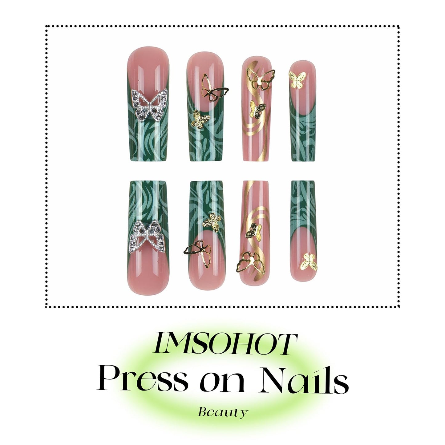IMSOHOT Press on Nails Long Square Fake Nails Green Wave French Tips False Nails with Golden Butterfly Charms Designs Glossy Acrylic Gel Squoval Nail Supplies