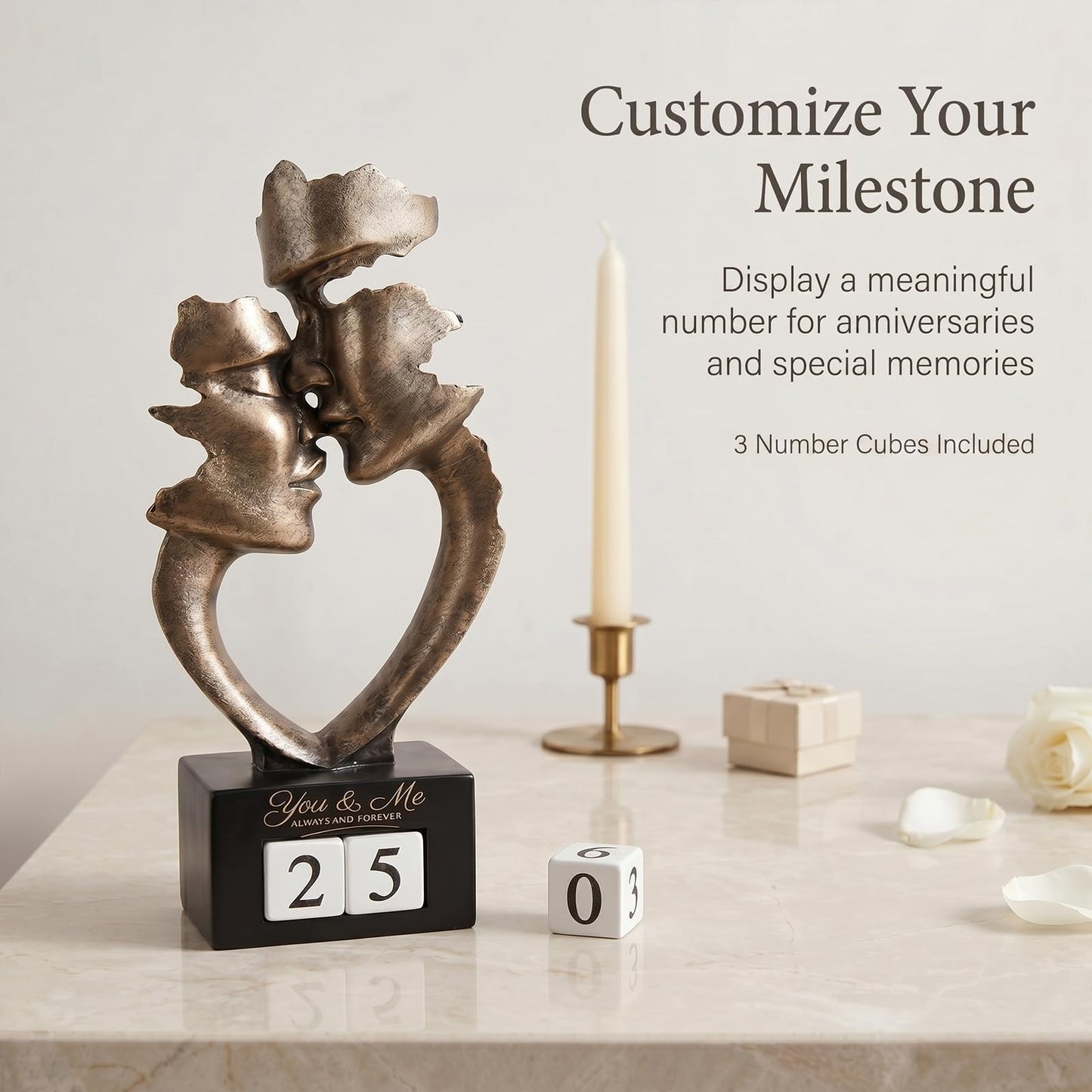 9.84in H Resin Couple Statue with Interchangeable Number Blocks, Antique Bronze Finish Modern Abstract Romantic Couple Figurine for 1st to 50th Wedding, Shelf Bookshelf Bedroom Decor