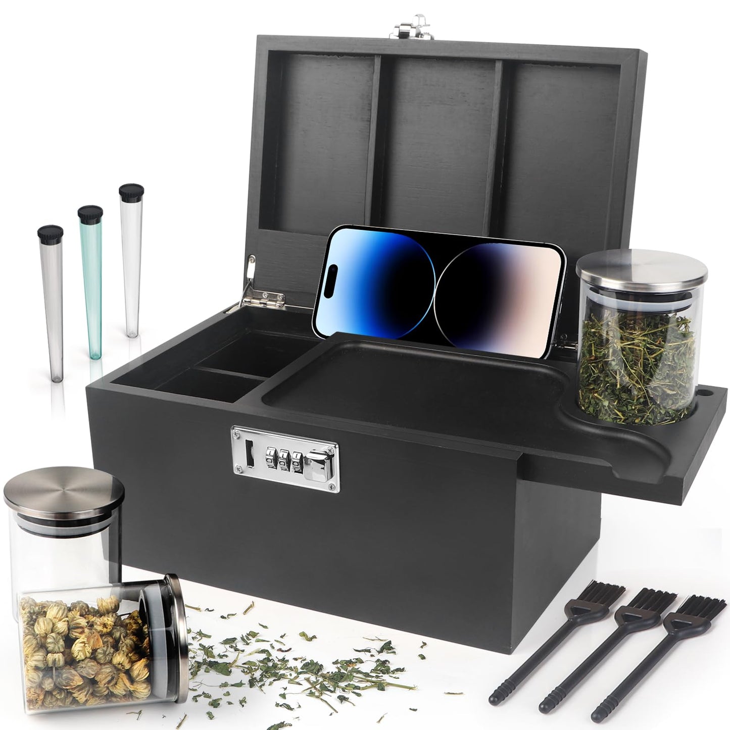 Large Black Bamboo Box with Combination Lock, Premium Storage Box with Removable Tray & Detachable Compartments, Wooden Decorative Boxes with Alright Jars & Brushes & Tubes for Great Gift Choice.