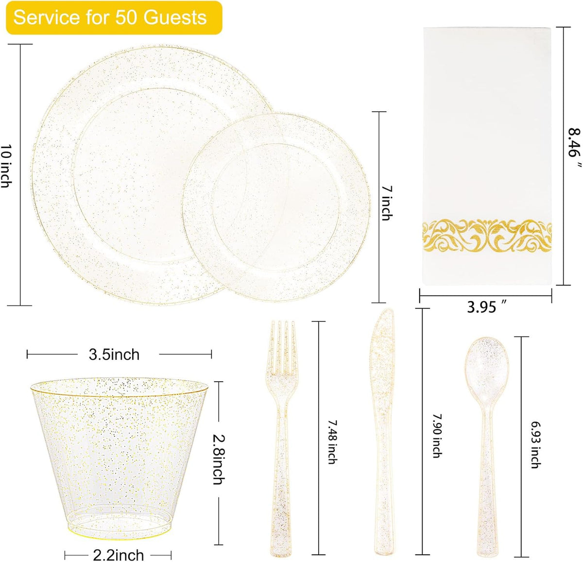 I00000 350 Pcs Gold Glitter Plastic Dinnerware Set for 50 Guests, Plastic Disposable Plates for Party, Include: 50 Dinner Plates,50 Dessert Plates,50 Paper Napkins, 50 Cups, 50 Silverware Set