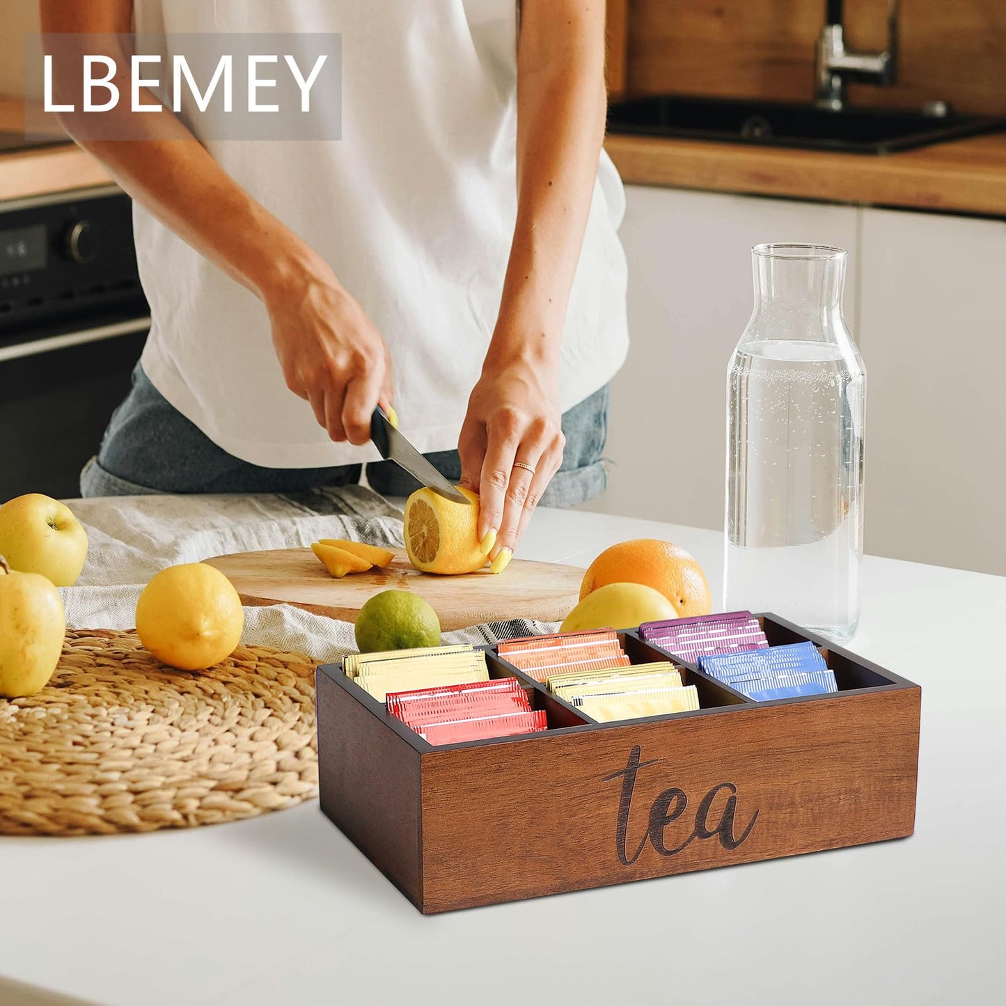 LBEMEY Tea Bag Organizer,Acacia Wood Tea Storage Containers with 6 Compartments, Sugar Packet Holder,Tea Bag Caddy Box for Cabinet Countertop Office (Brown-Labeled "Tea")
