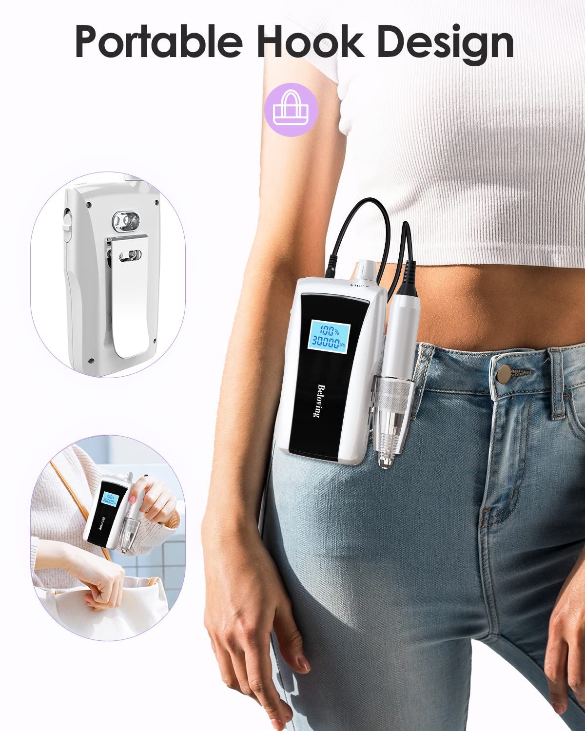 Beloving Portable Nail Drill Machine,30000RPM Rechargeable Electric Nail File Professional with Speed Display,Sanding Bands and Bits,Efile for Acrylic Dip Gel Nails Manicure Pedicure Home Salon Use