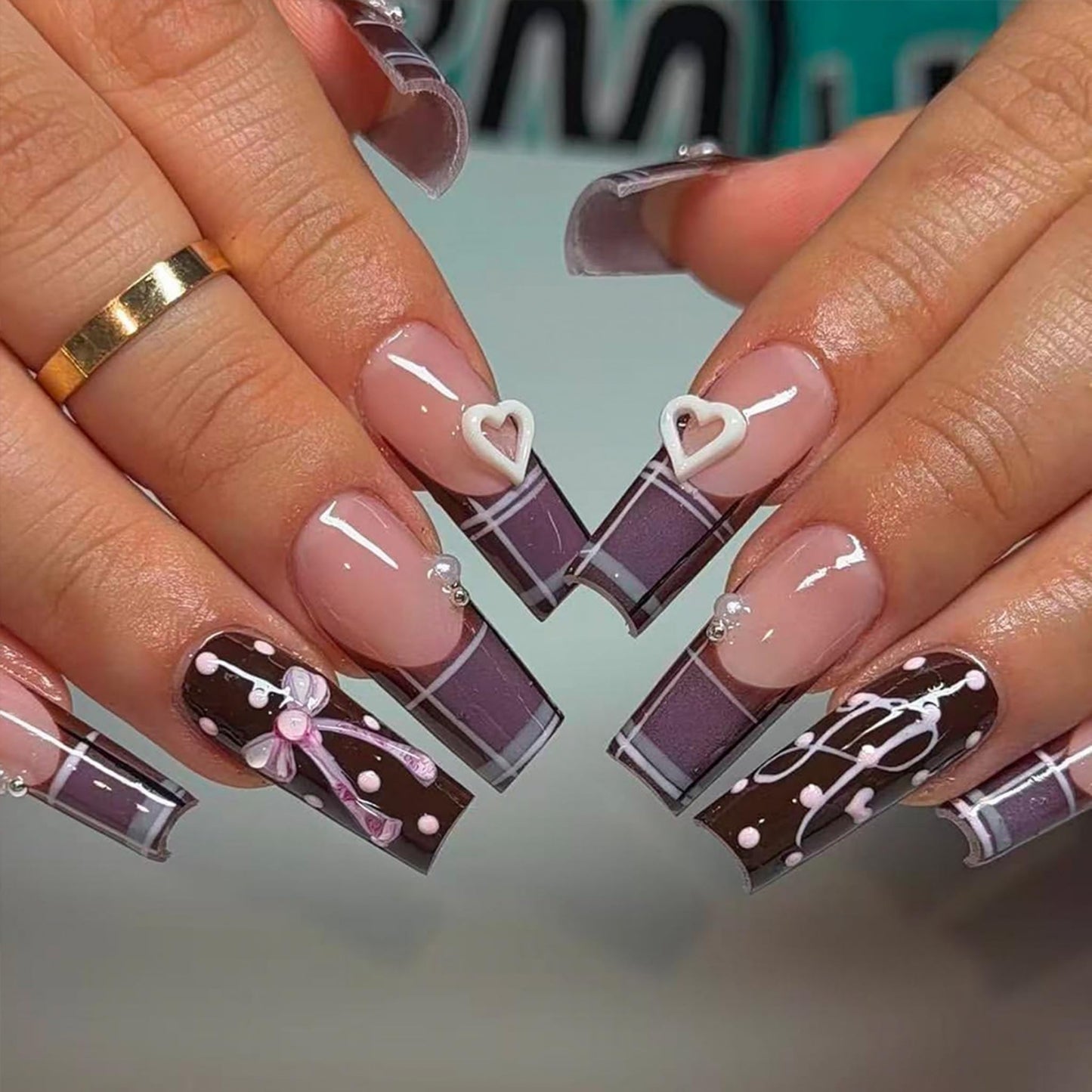 Long Press on Nails Square Fake Nails Purple Artificial Nail Plaid French Tip Brown Polka Dot Bow Heart Charm Glossy Stick on Nail Coquette Style for Women 24pcs