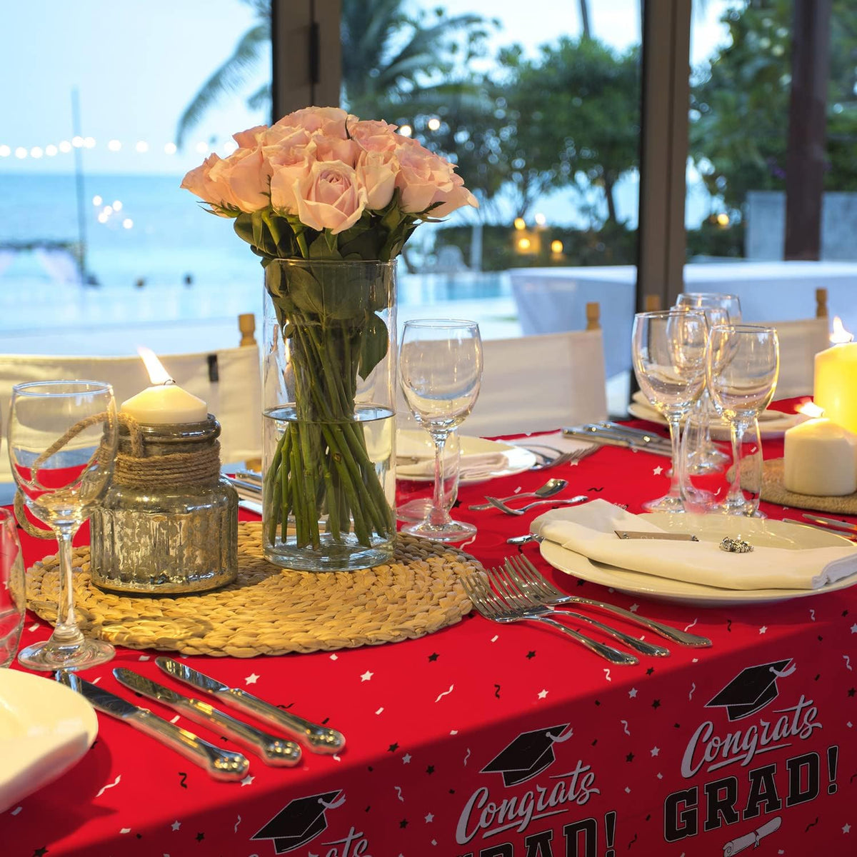 Graduation Party Decorations, Gongrats Grad Tablecover for Graduation Party Supplies, 3 pcs Class Red Table Cloths, 54"x108"
