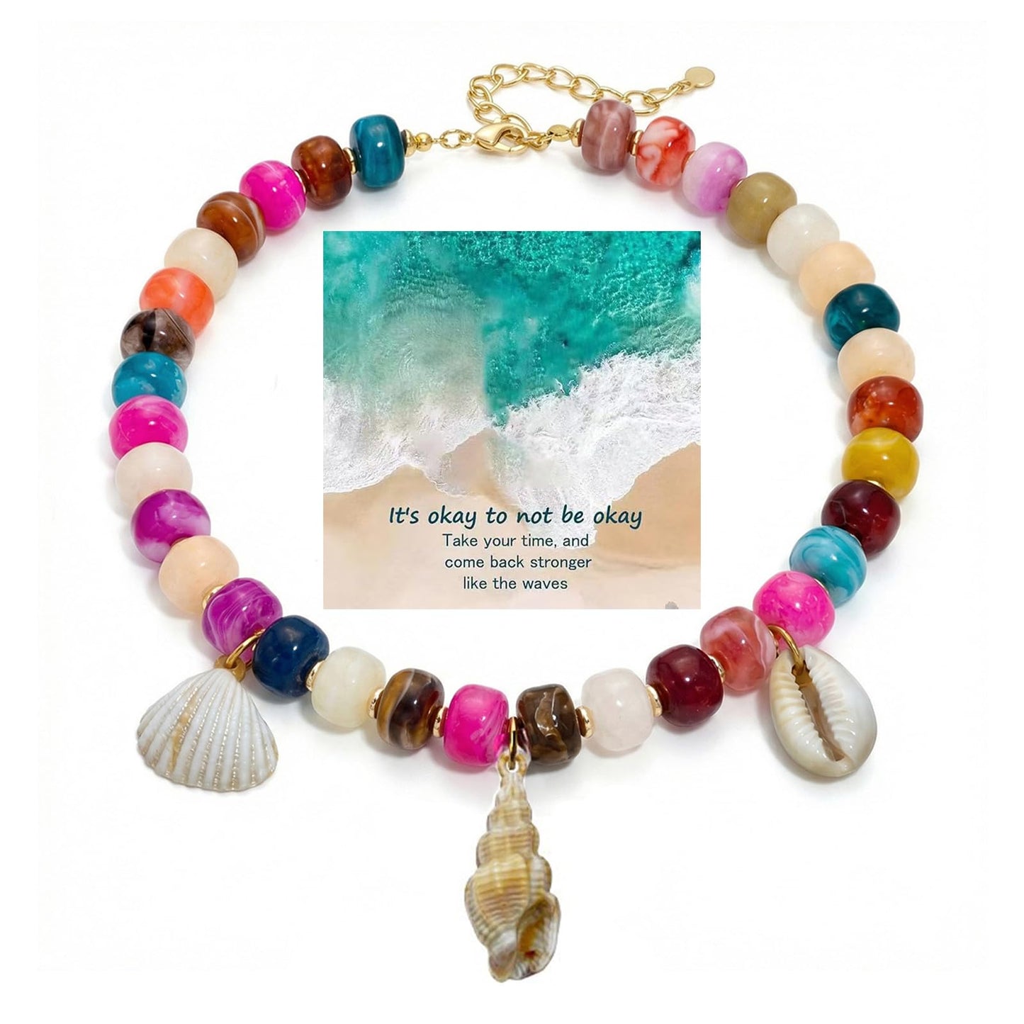 ROYNRAU Chunky Colorful Beaded Necklace for Women-Unique Resin Beads Starfish Shell Charms Pendant Choker Necklaces Boho Statement Summer Vacation Beach Jewelry (Conch-Sharp)