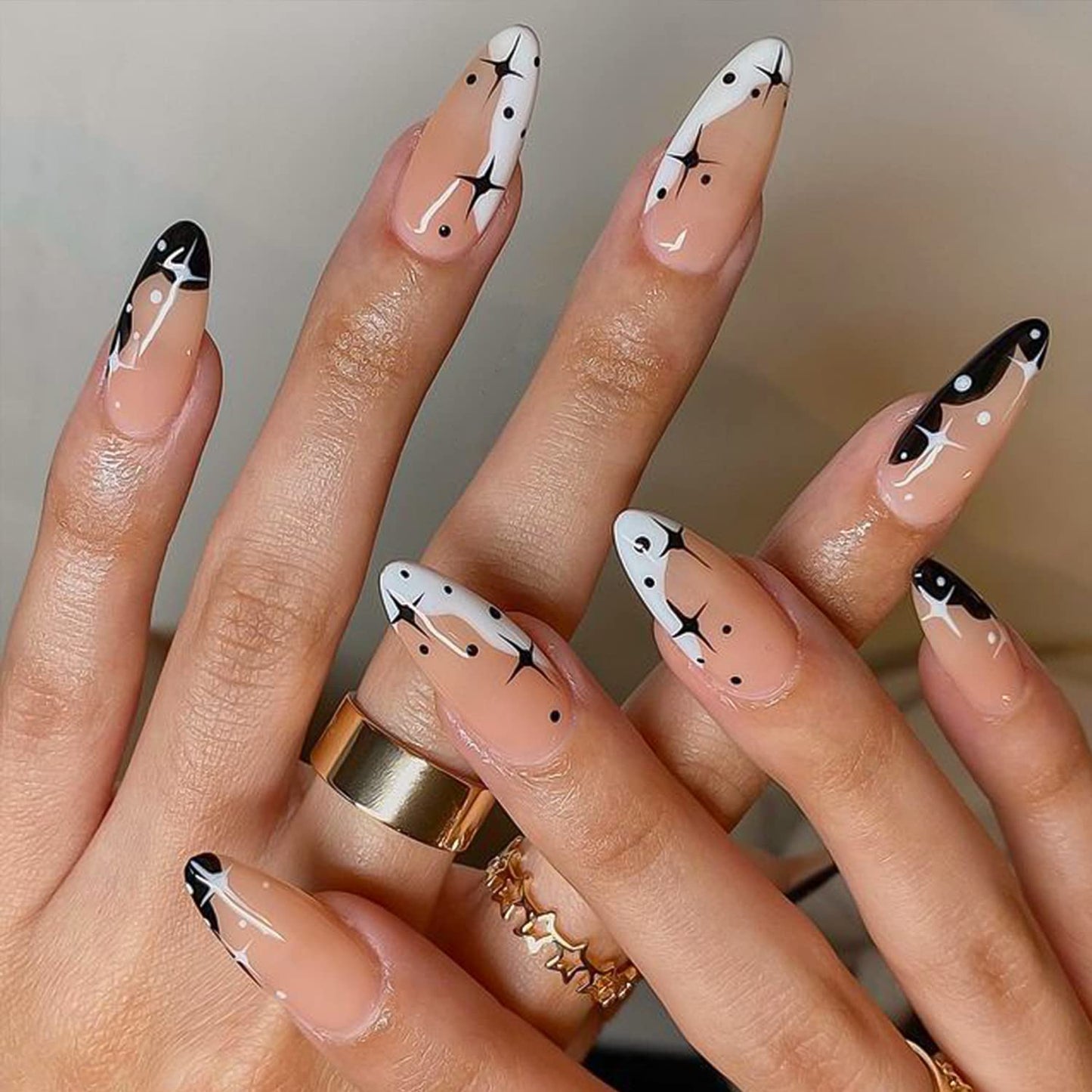 GLAMERMAID Press on Nails Almond，Gothic Blue and Nude Glue on Nails Set,48 Pcs Glossy Short Press on Nails with Butterfly Design,False Nails for Women Girls Gift