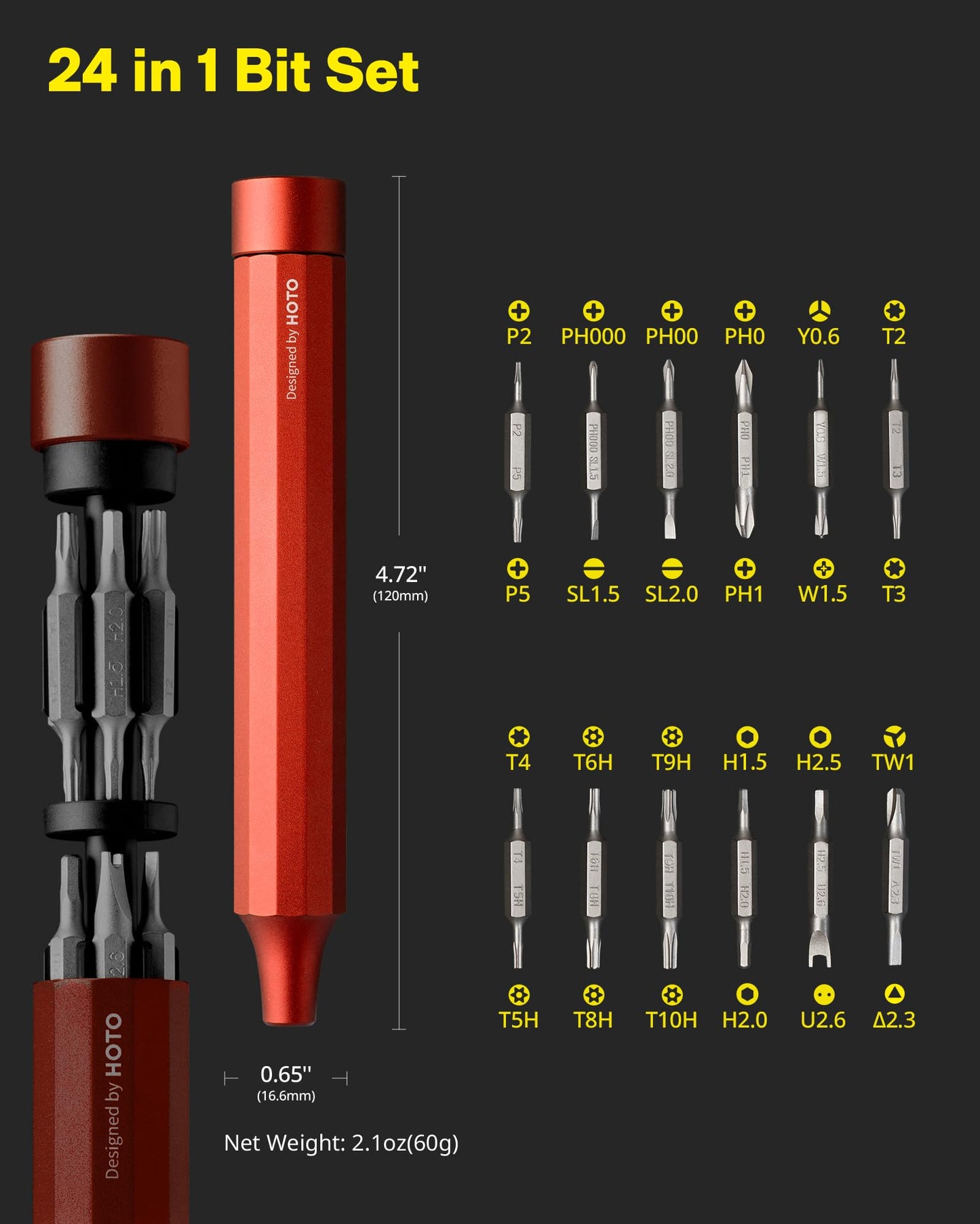 HOTO 24 in 1 Mini Screwdriver Set, Magnetic Torx Bit Set, Eyeglass Repair Kit, EDC Pen Screwdriver for Electronics, Watches, Phones, Laptops, Cameras, Gadgets for Men, Cinnabar Red