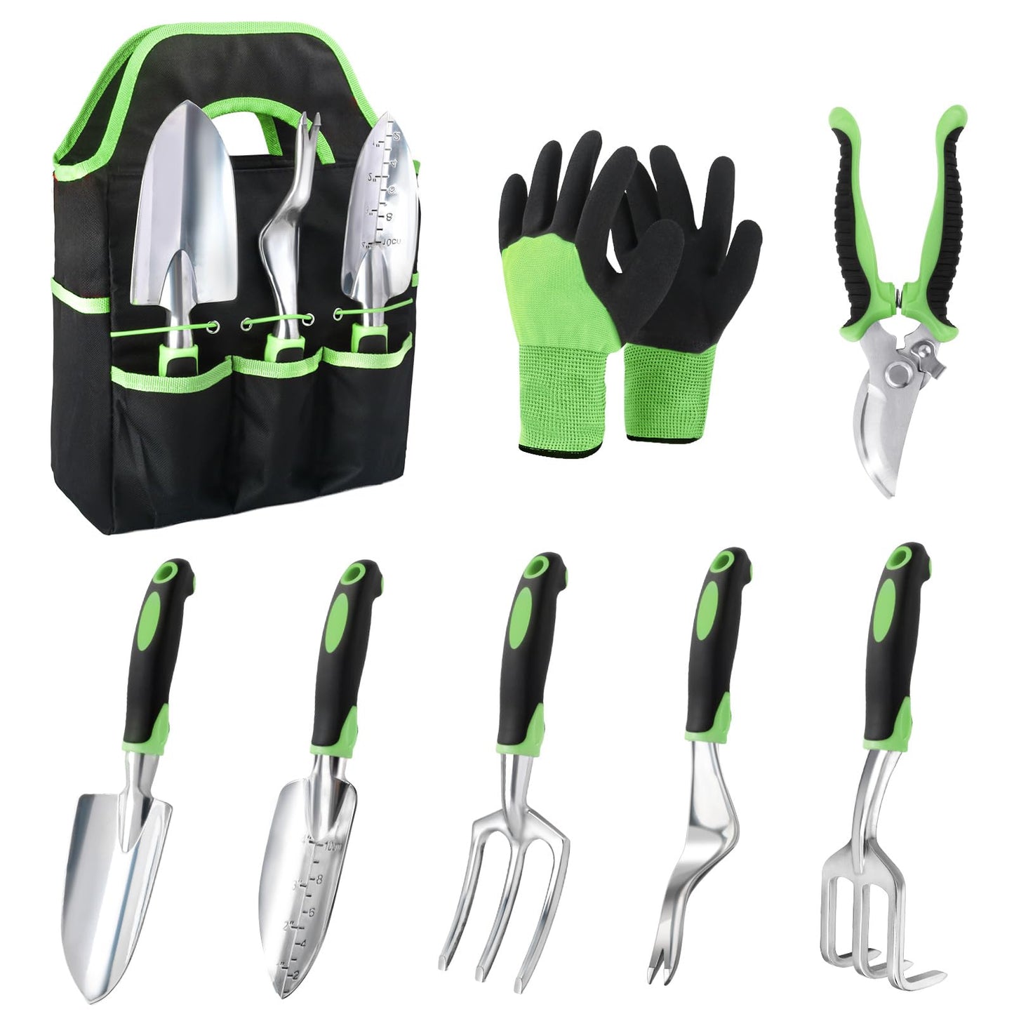 Garden Tools Set, 8 Piece Gardening Tools Set with Non Slip Ergonomic Handle, Heavy Duty Garden Tool Set with Storage Bag, Gardening Kit for Women, Garden Hand Tools Gift, Green